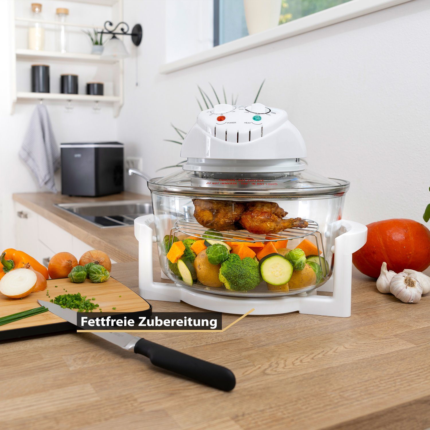 TZS FIRST AUSTRIA Minibackofen Halogenofen 1400W, Heissluftofen 17L, bis 250°C, Mini Backofen Weiß, Halogen Ofen mit Erweiterungsring, Umluftofen