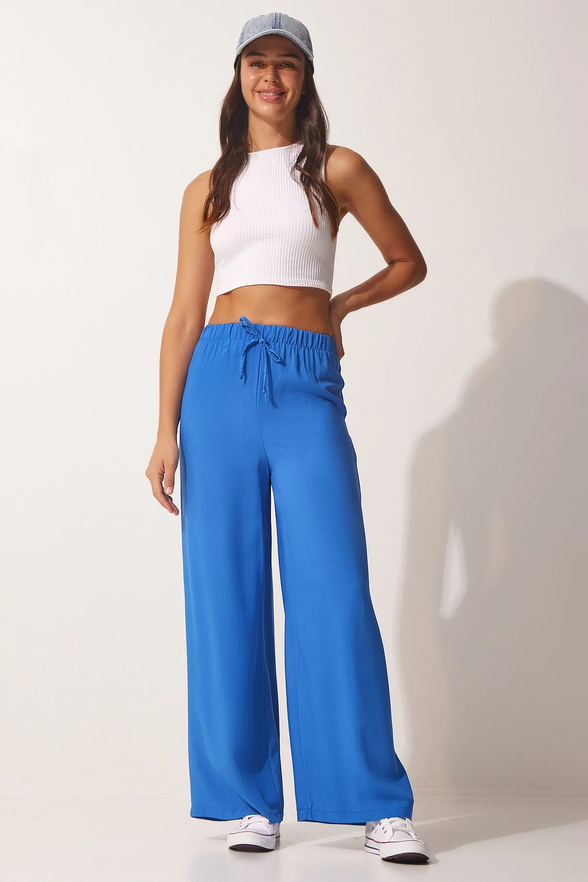 Happiness İstanbul  Blaue Damen-Palazzohose aus Baumwollviskose BV00076