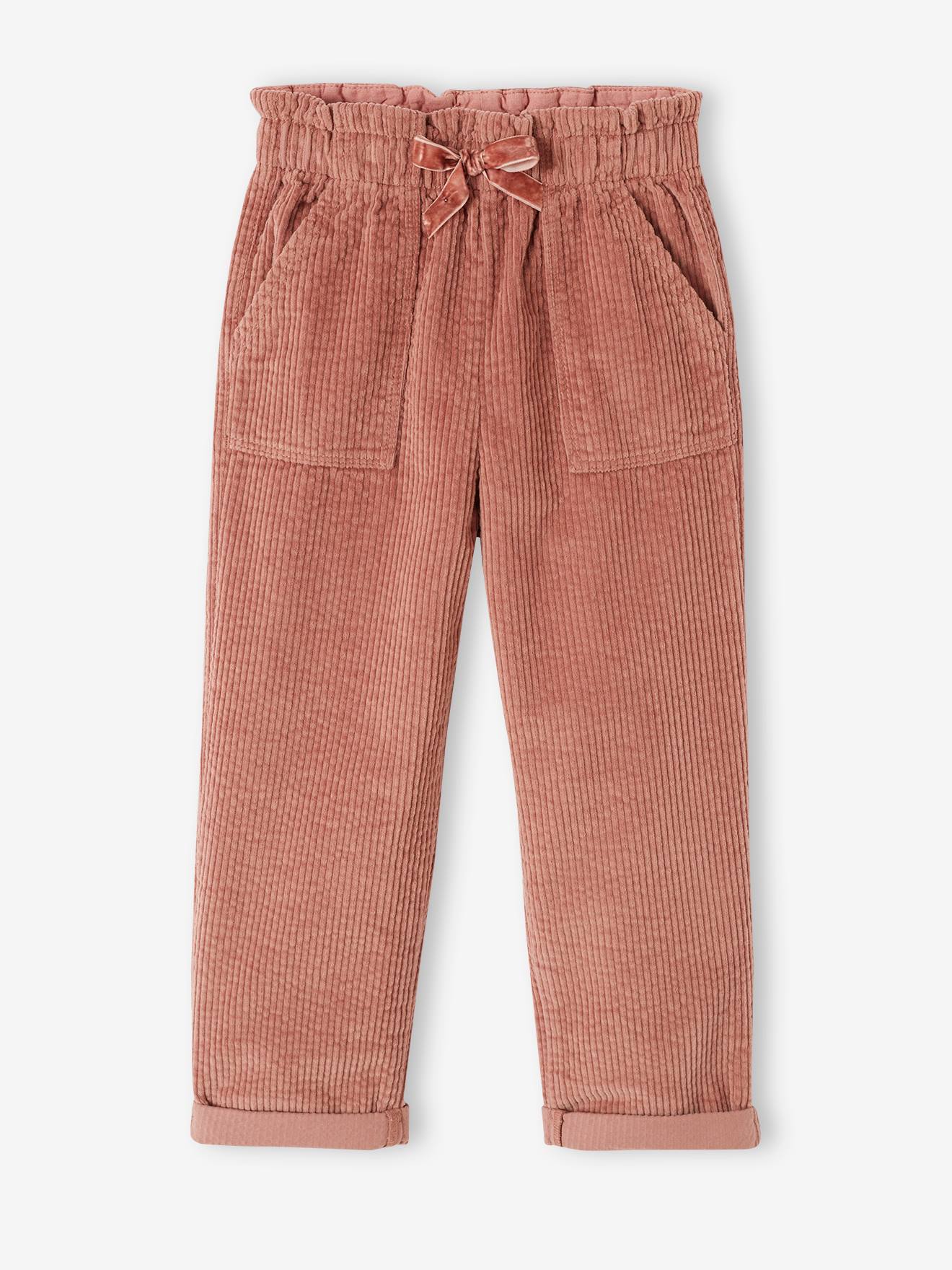 Pantalon paperbag en velours côtelé fille moutarde