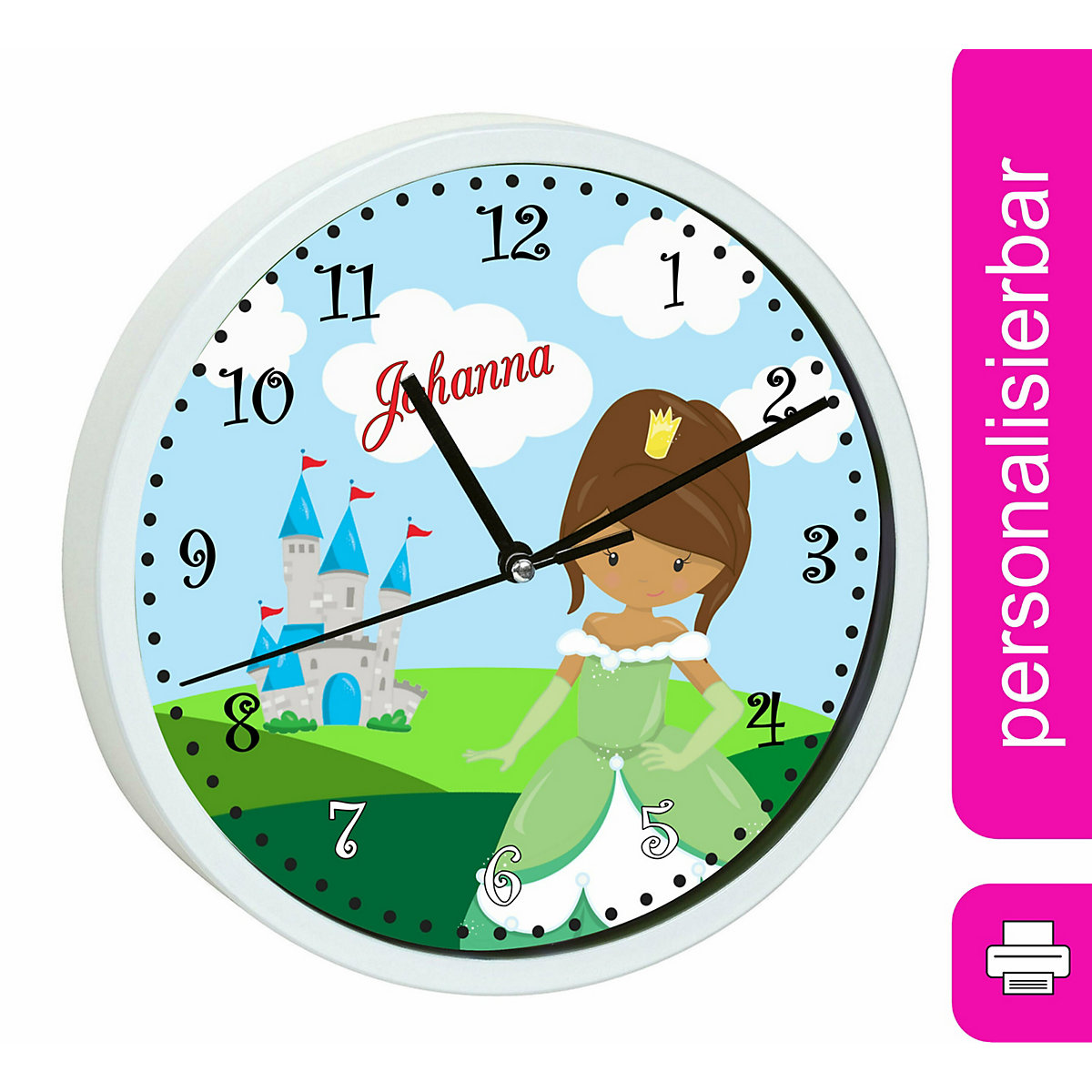 Kinder Wanduhr personalisiert mit Name Prinzessin