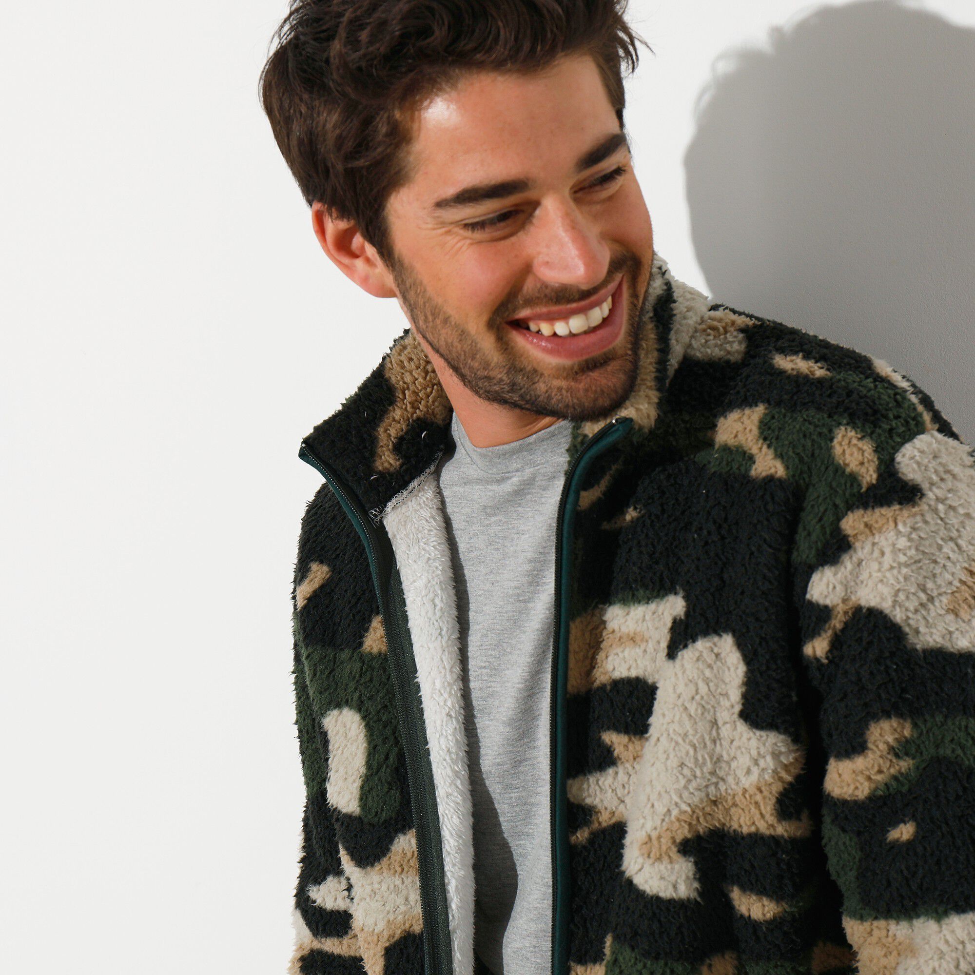 Blouson zippé en polaire sherpa imprimé camouflage