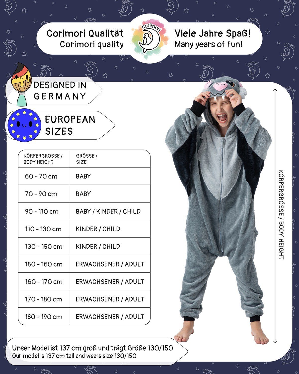 Corimori Jumpsuit Flauschiges Fledermaus-Kostüm für Kinder (2-tlg) mit Haarreif, Halloween, Fasching, Verkleidung, Vampir-Fledermaus