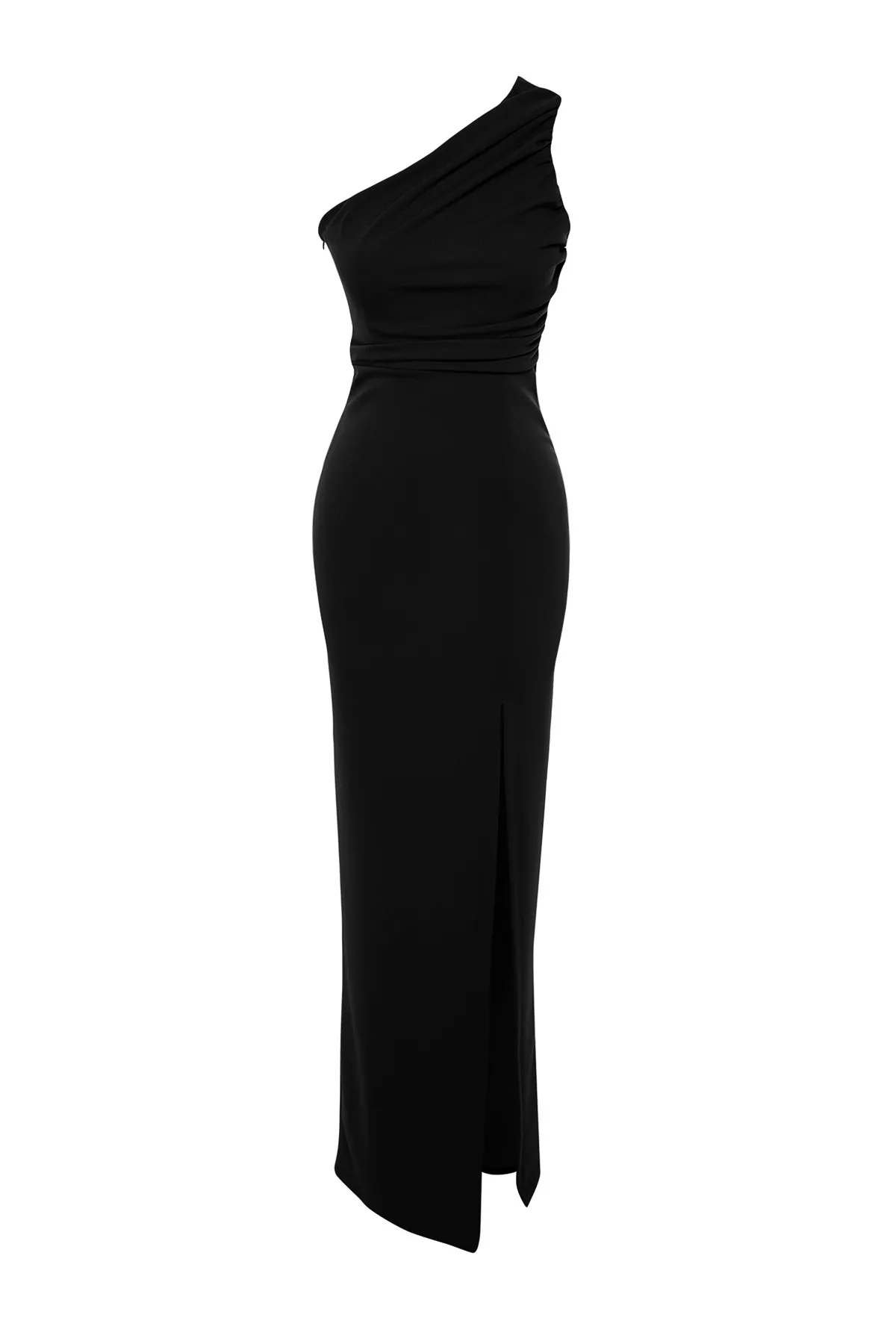 Trendyol Collection  Schwarzes, figurbetontes, langes Abendkleid aus Strick mit einzelnen Ärmeln TPRSS24AE00172