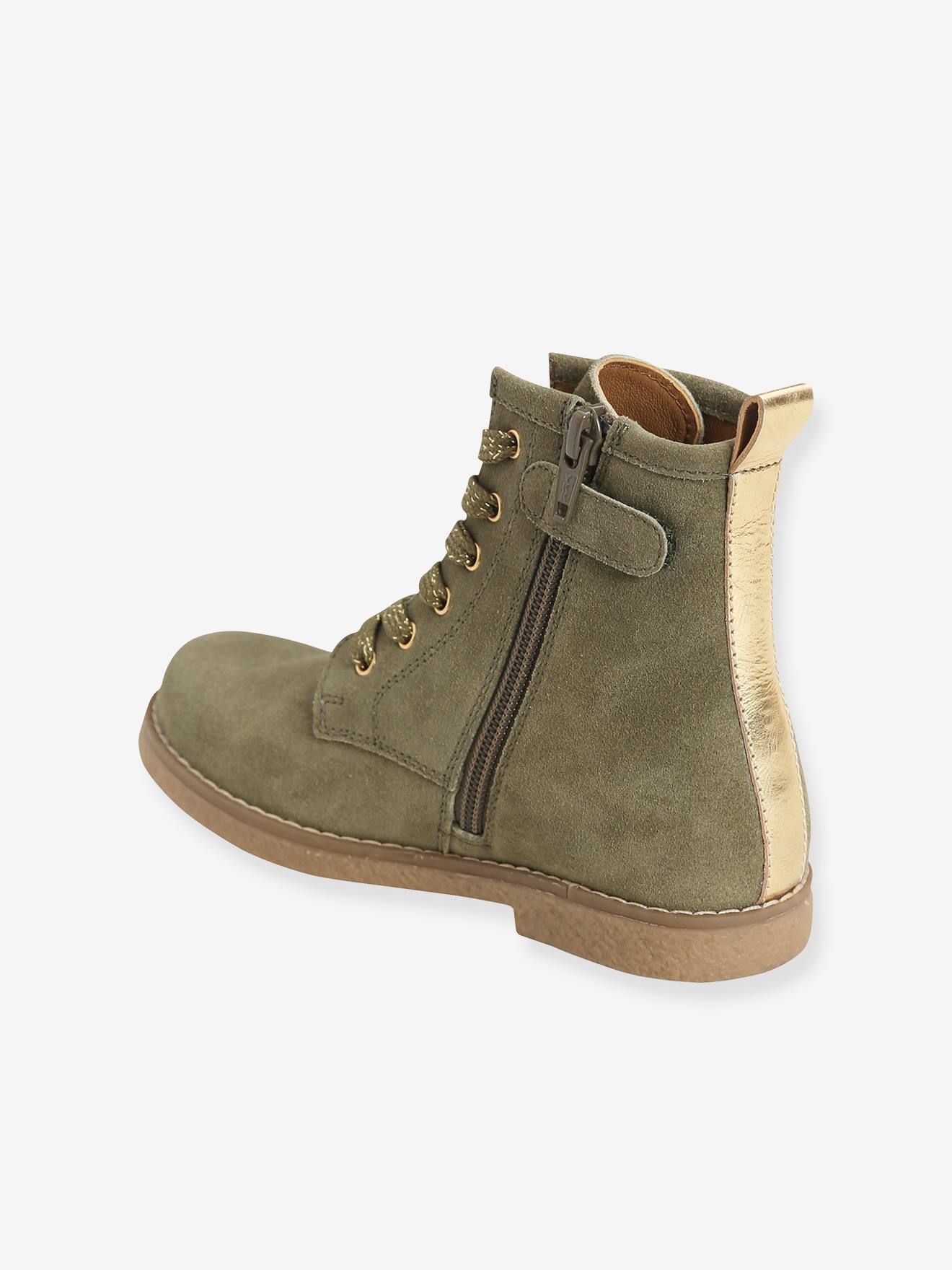 Bottines cuir fille à lacets + glissière kaki