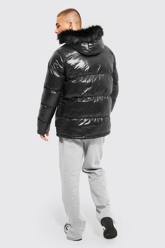 Recycelter hochglänzender Parka mit 4-Taschen und Kunstpelz-Detail