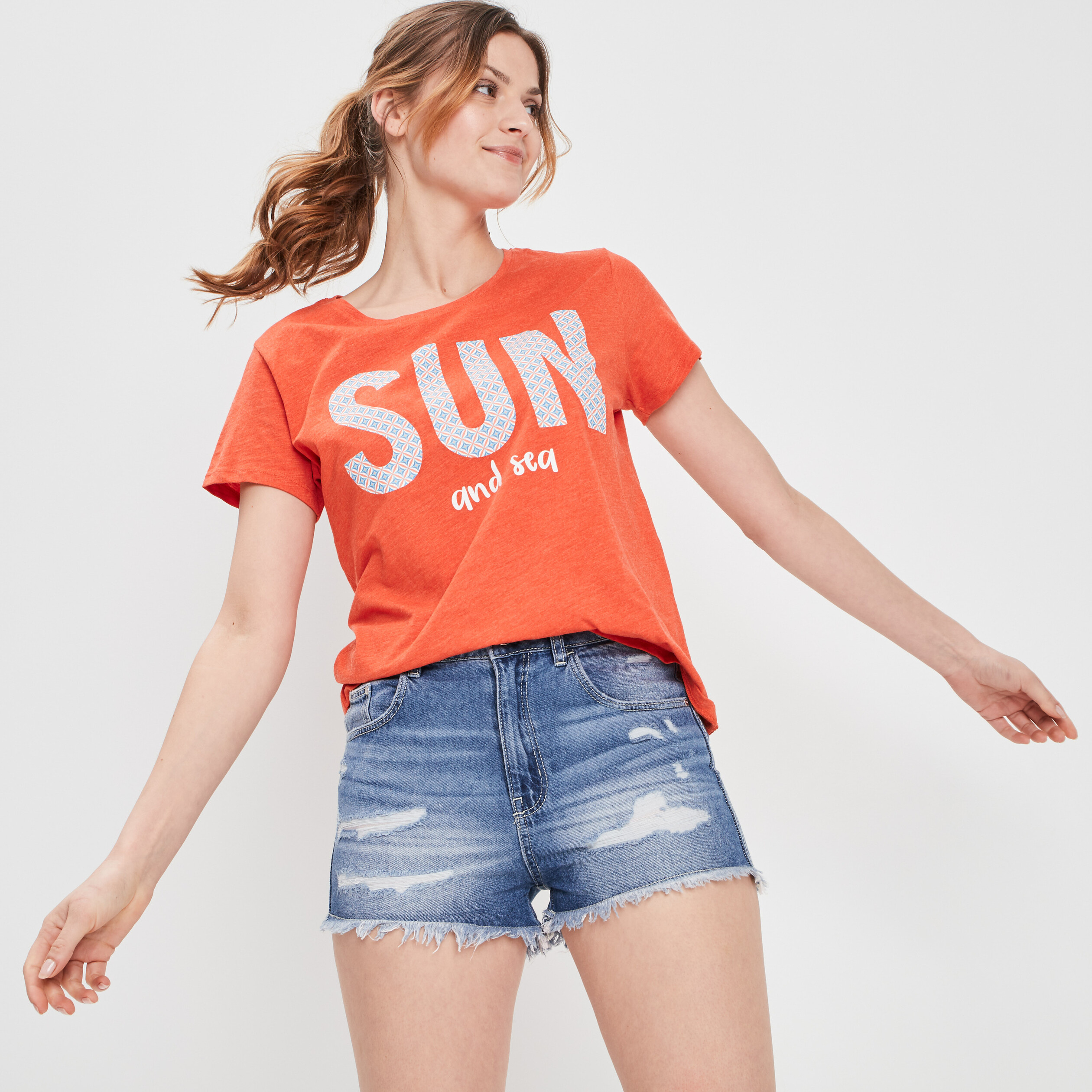T-shirt manches courtes rose corail femme | La Halle