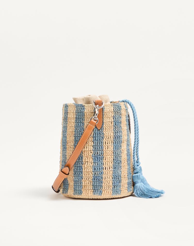 Valentino Garavani lille stribet raffia-buckettaske