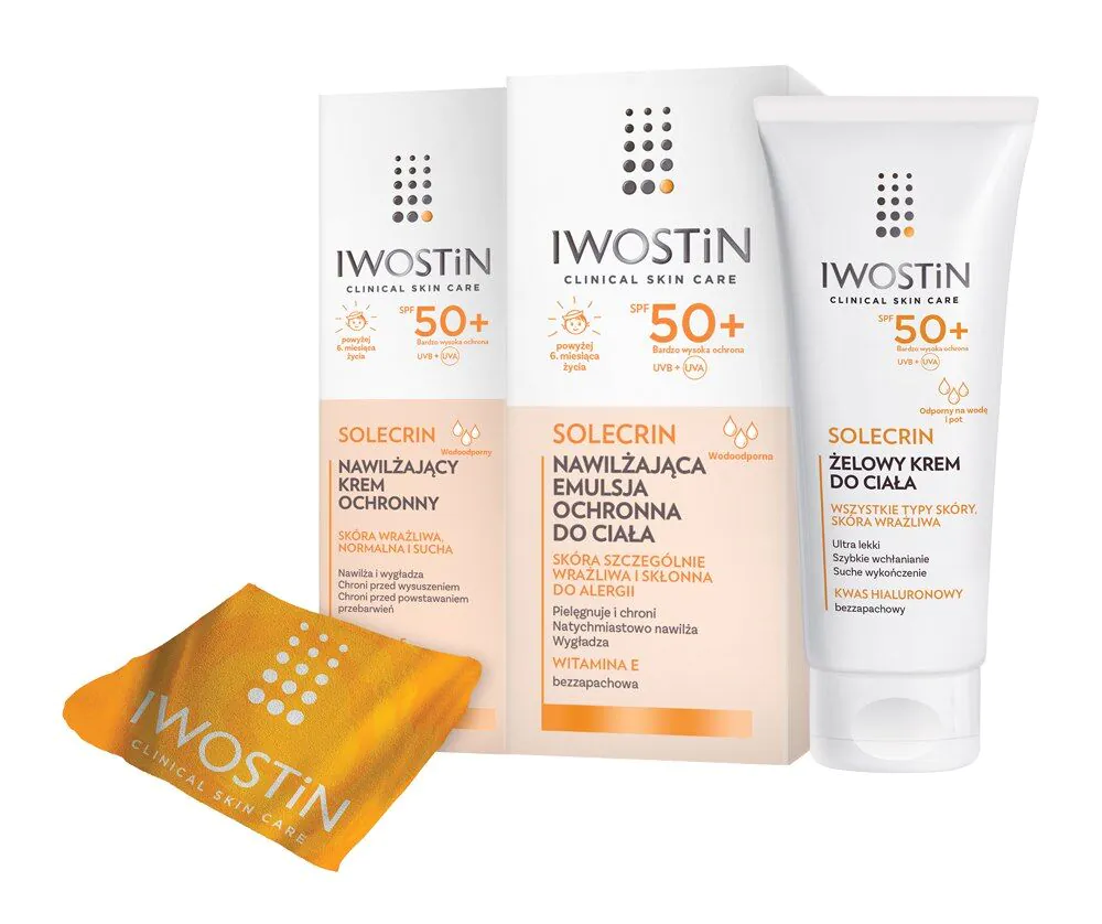 Iwostin Solecrin Sæt med 3 dermokosmetikprodukter med SPF 50 + håndklæde
