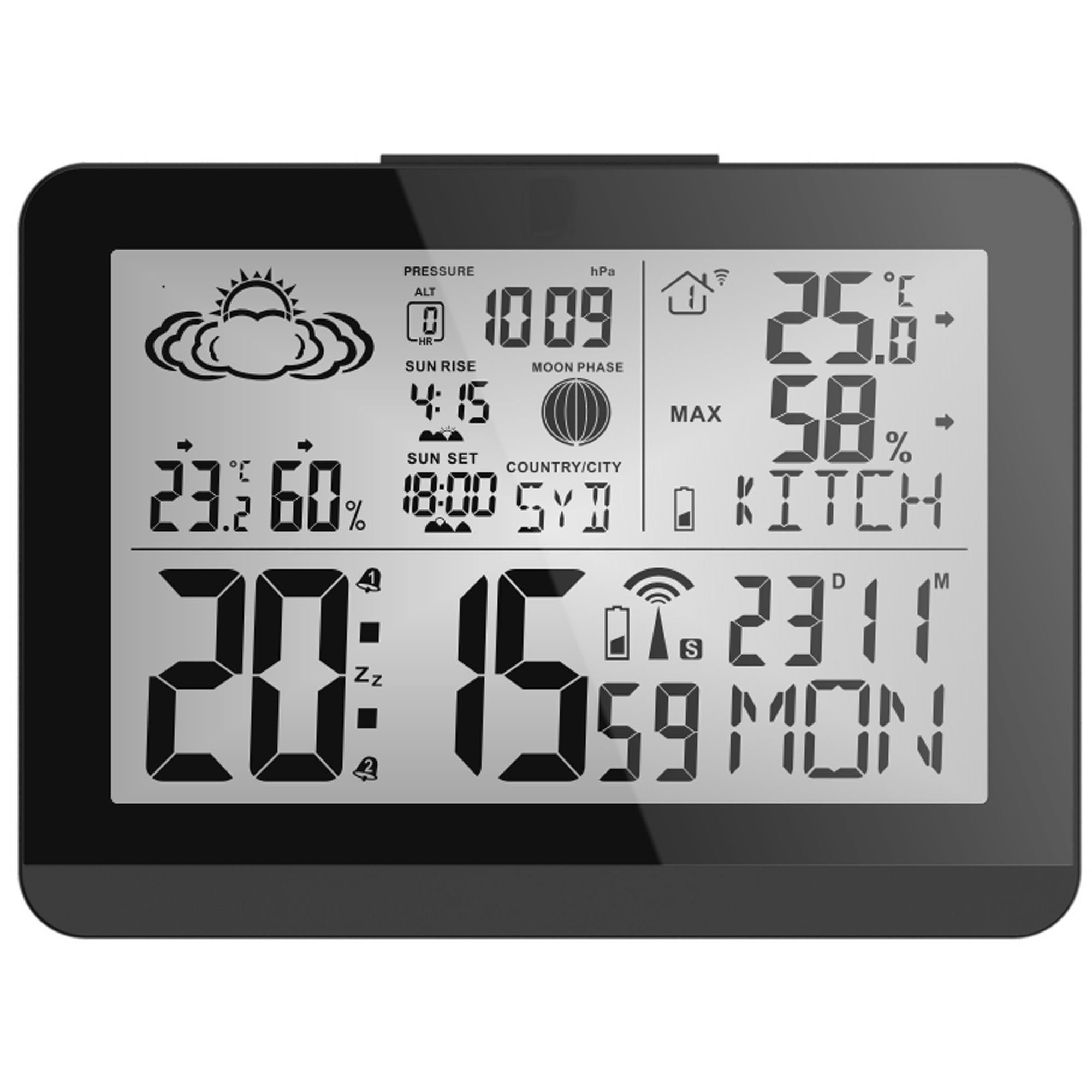 Miraval Moderne Design Funk-Wetterstation Funkwetterstation (Außensensor, mit Aussensensor bennenbar Mondphase Sonnenaufgang 2 Alarme Hygrometer)