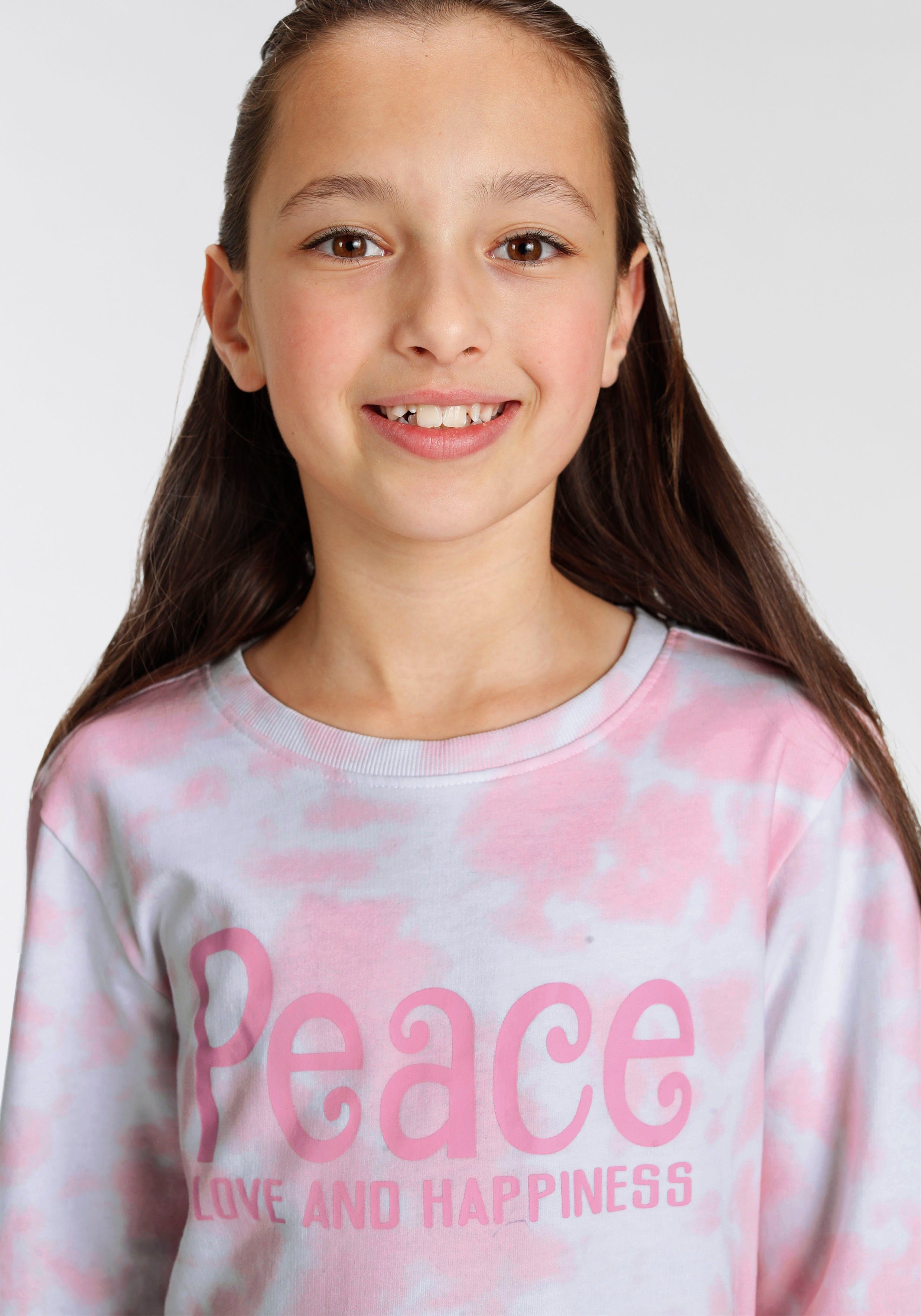 KIDSWORLD Sweatkleid Peace Love and Happiness Batikmuster