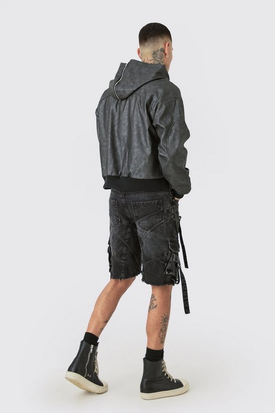Tall PU-Bomberjacke mit Kapuze