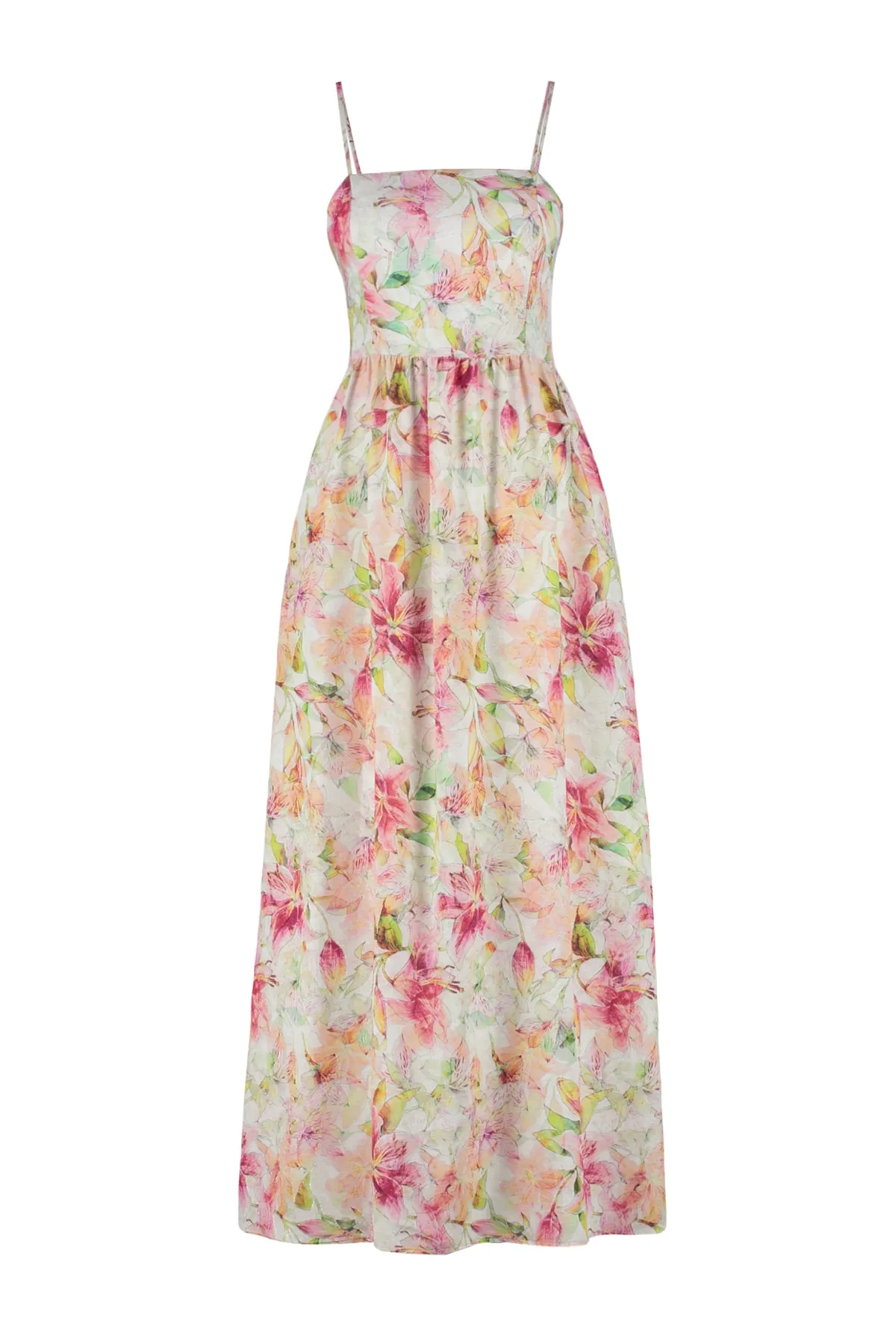 Trendyol Collection  Mehrfarbiges, gewebtes A-Linien-Kleid mit Blumendruck und quadratischem Ausschnitt TWOSS23EL02382