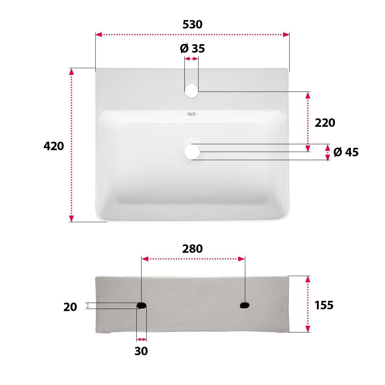 aquaSu Waschbecken Amico (Hänge-Waschtisch, 1-St), 53 cm, Keramik, Weiß, Überlauf, Hahnloch mittig, 562263