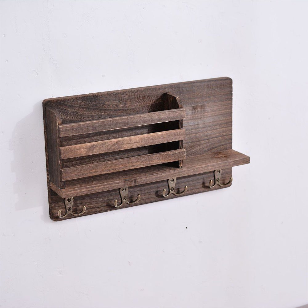 HIBNOPN Schlüsselbrett Wandregal Holz für Schlüsselbrett Organizer mit 4 Haken braun
