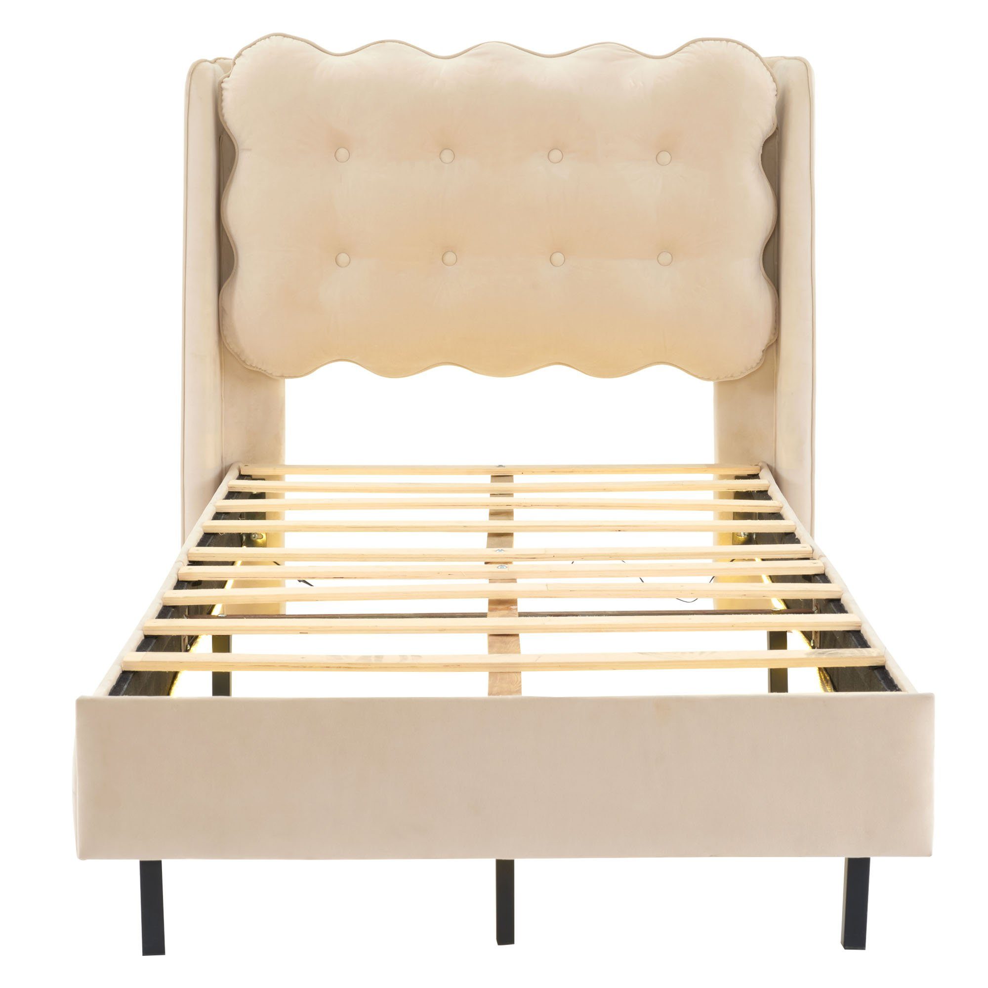 Flieks Polsterbett, Kinderbett Einzelbett mit warmgelben Lichtstreifen 90x200cm Samt