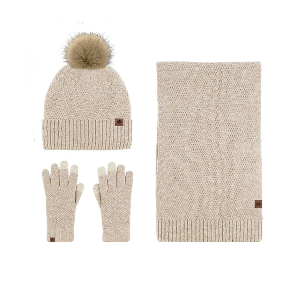 HutWorld Bommelmütze Bommelmütze Mütze Schal Damen Winter Beanie Strickmütze Set (Kältebeständiger Strickanzug aus Wollknäuel und Fleece, 1-St., Mütze, Schal, Handschuhe, dreiteiliges Set) Damen Fellbommel Beanie Schal Set