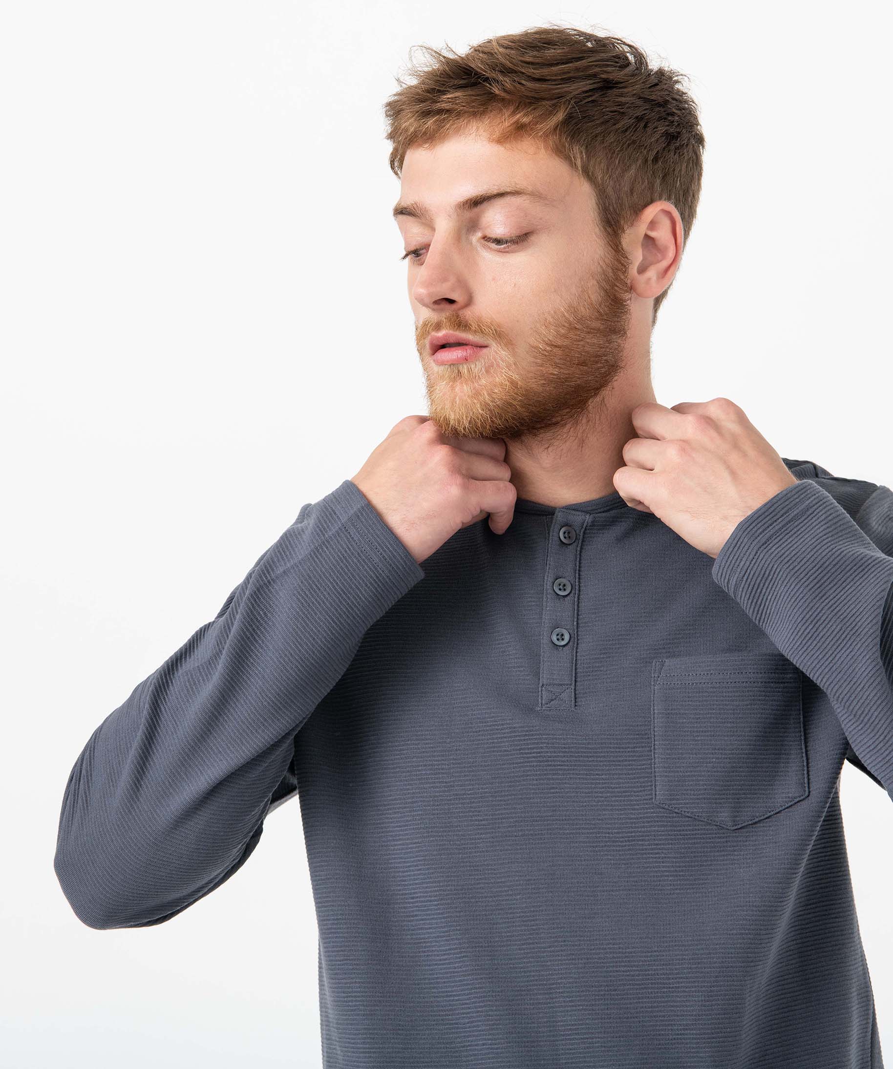 Tee-shirt homme à manches longues à col boutonné bleu | GEMO