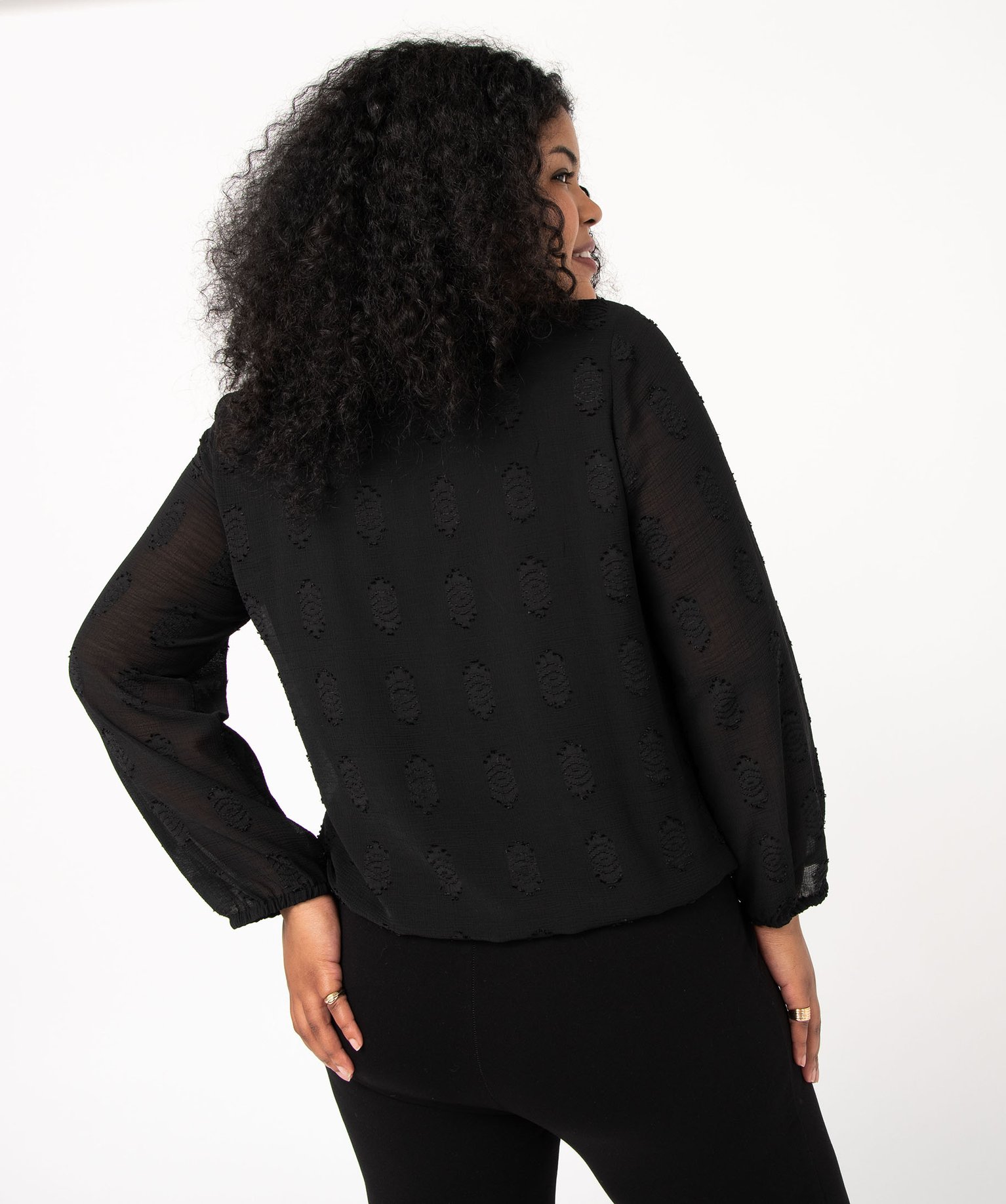 Blouse à manches longues avec col à volant femme grande ta... noir | GEMO