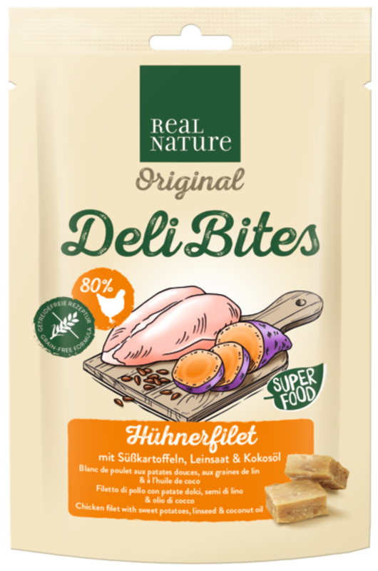 REAL NATURE Snacks REAL NATURE Original Deli Bites 150g Hühnerfilet mit Süßkartoffeln, Leinsaat & Kokosöl