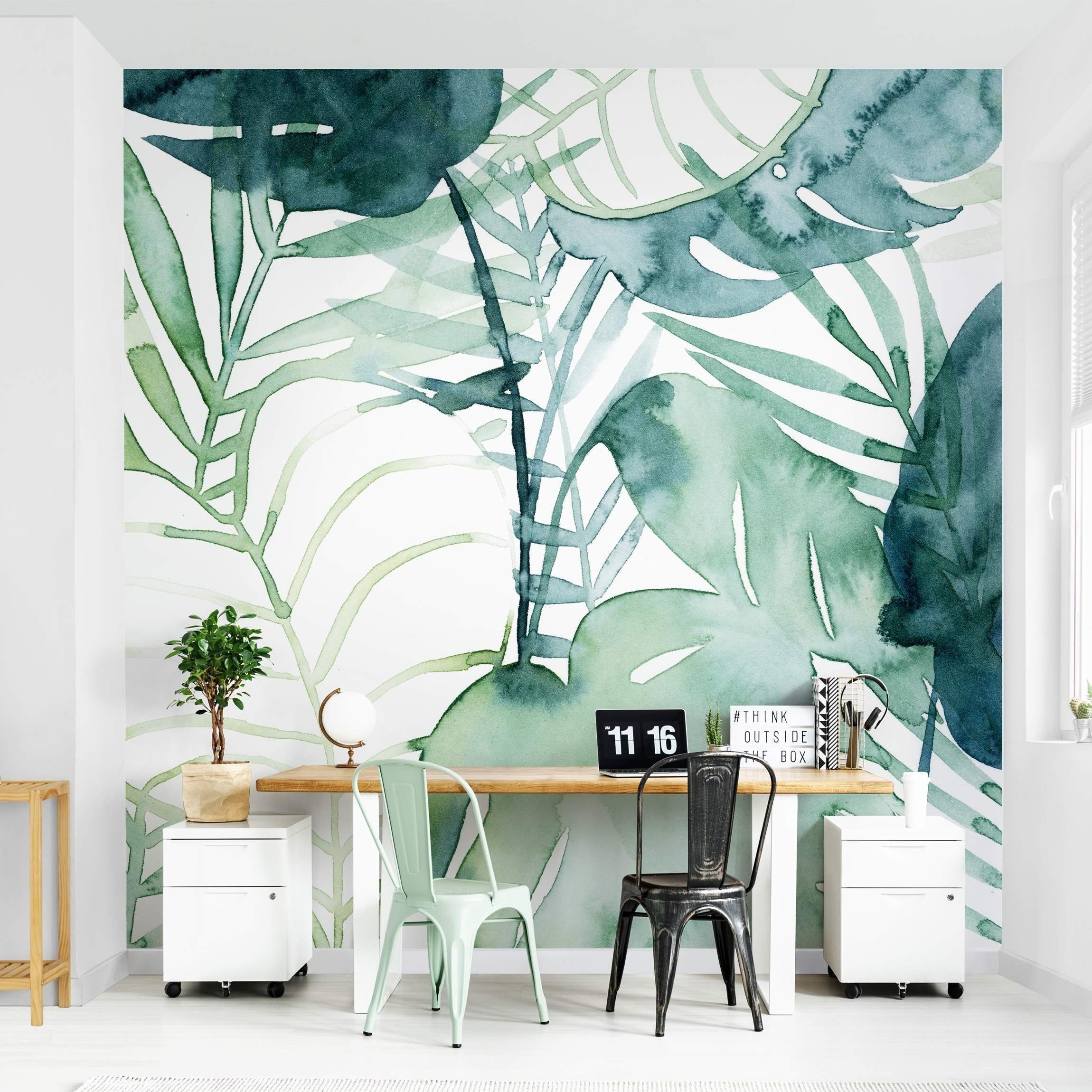 Bilderdepot24 Mustertapete Muster Palmwedel Wasserfarbe Aquarell Pastell Grün Tropical Natur, Glatt, Matt, (Inklusive Gratis-Kleister oder selbstklebend), Wohnzimmer Schlafzimmer Küche Flur gemusterte Vliestapete Wandtapete
