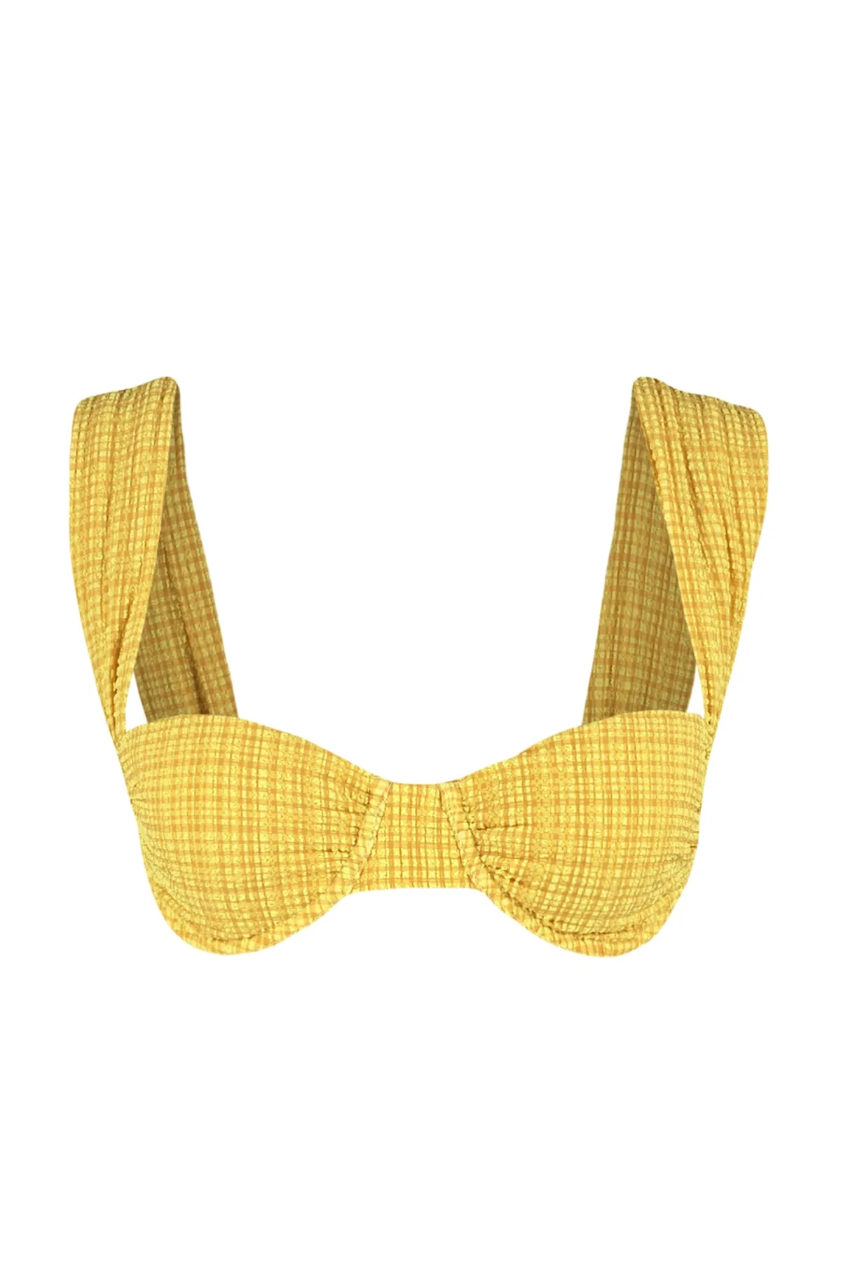 Trendyol Collection  Senffarbenes, strukturiertes Gingham-Bikinioberteil mit Bügel und Bügel TBESS21BU0161