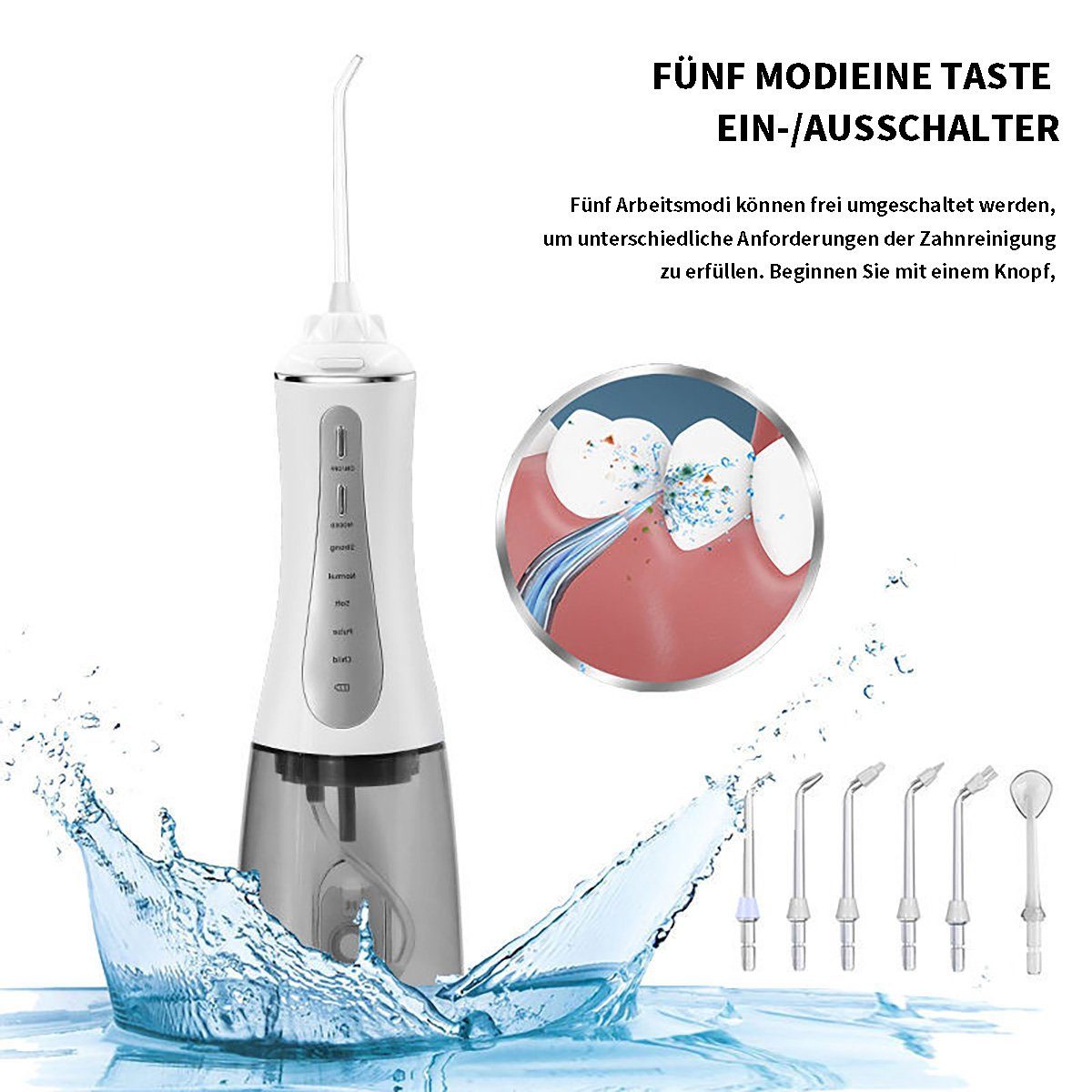 flowgoer Reise-Munddusche Tragbare Munddusche zur Tiefenreinigung mit 5 Modi und 6 Düsen, Großes Tankvolumen, wasserdicht, ideal für Reisen und Zuhause