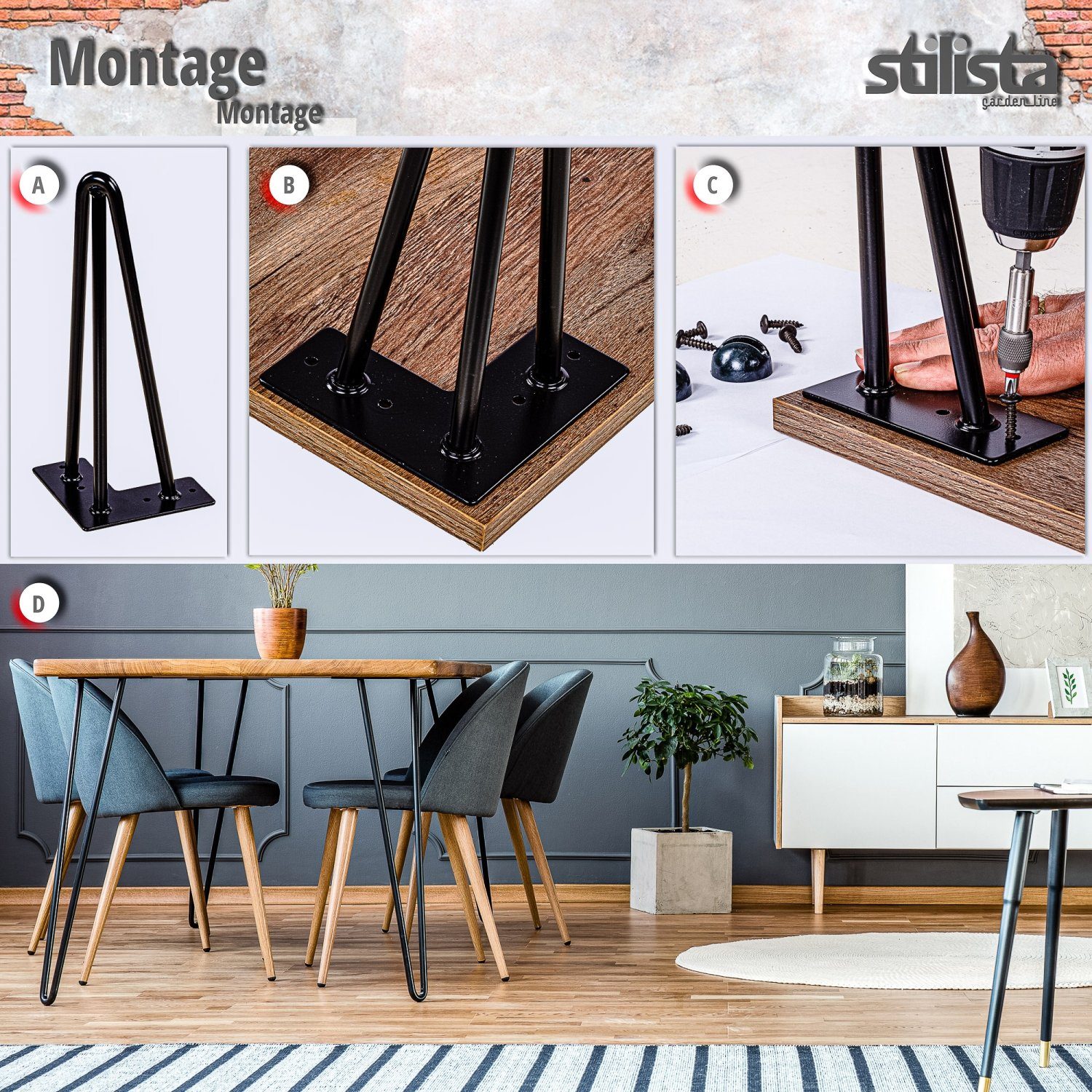 STILISTA Möbelfuß Hairpin Legs Haarnadelbeine Tischbeine Möbelbeine, (Satz, 4 Stk), DIY, 2 Streben, Industriedesign, Farb- und Größenwahl
