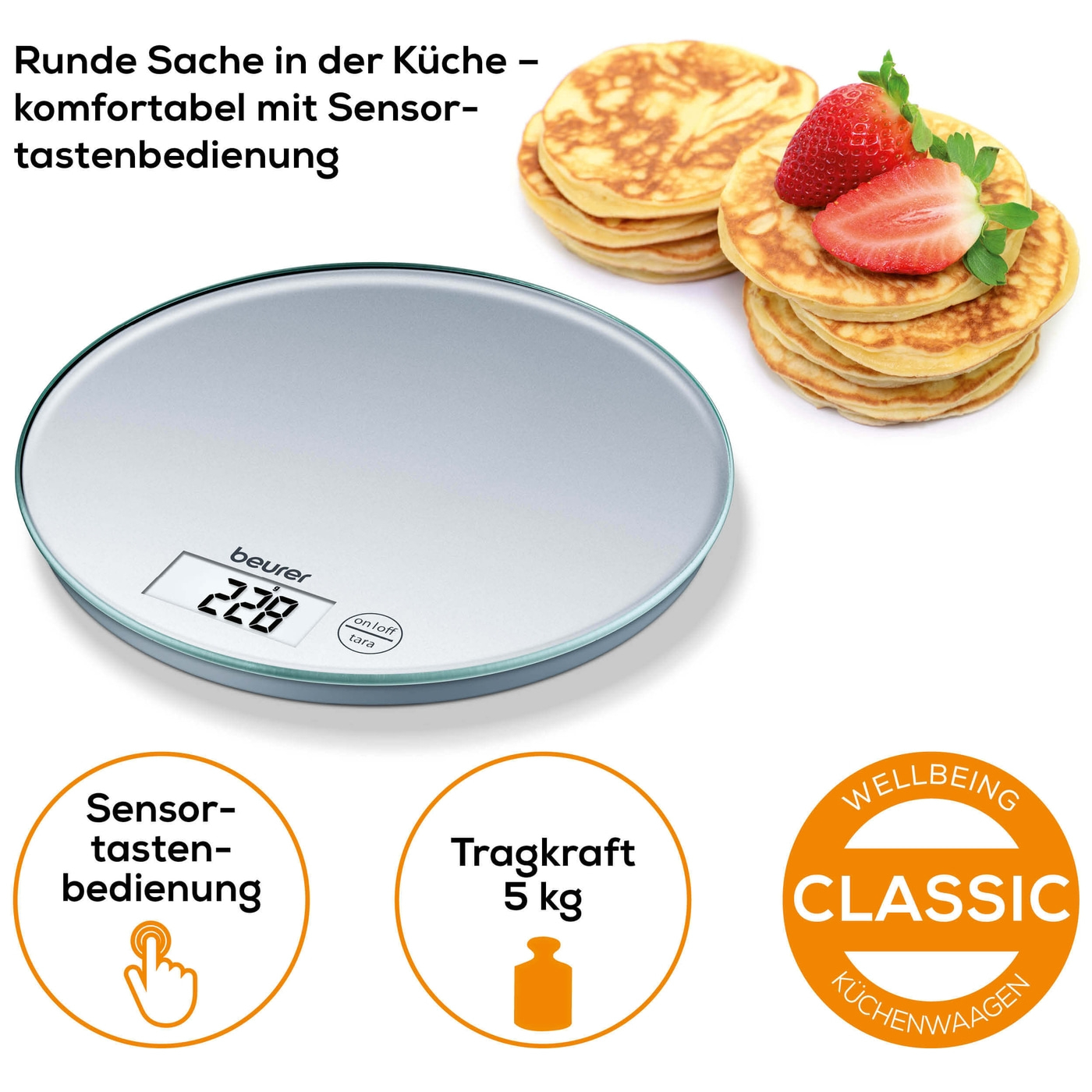 Beurer Küchenwaage - KS 28-Runde Küchenwaage mit Glasoberfläche in flachem & modernen Design