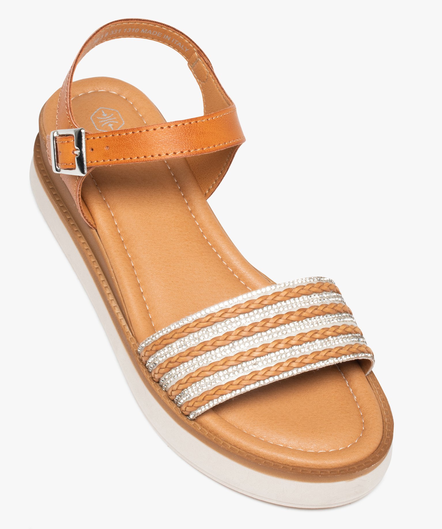 Sandales femme unies à talon compensé et bride à strass camel | GEMO