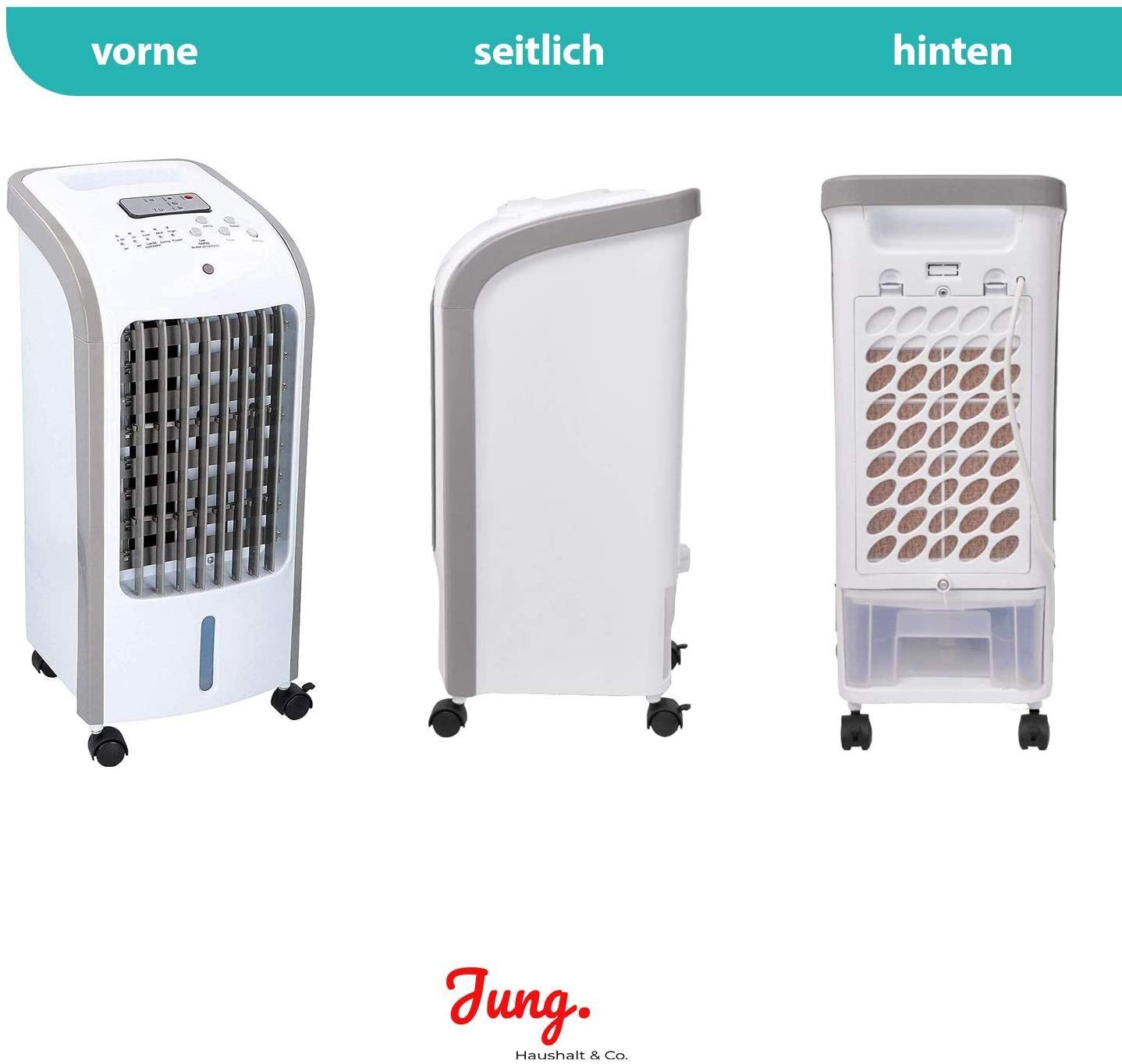 JUNG Ventilatorkombigerät COMODO mobiles Klimagerät ohne Abluftschlauch, Wasserkühlung, Aircooler, Aircondition, 60W, Luftkühler, leise, Ventilator Kühler