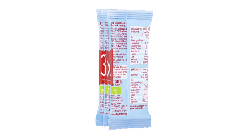 FruchtBar Bio Keks-Riegel mit Dinkel, Himbeere, Erdbeere, Apfel 90 g