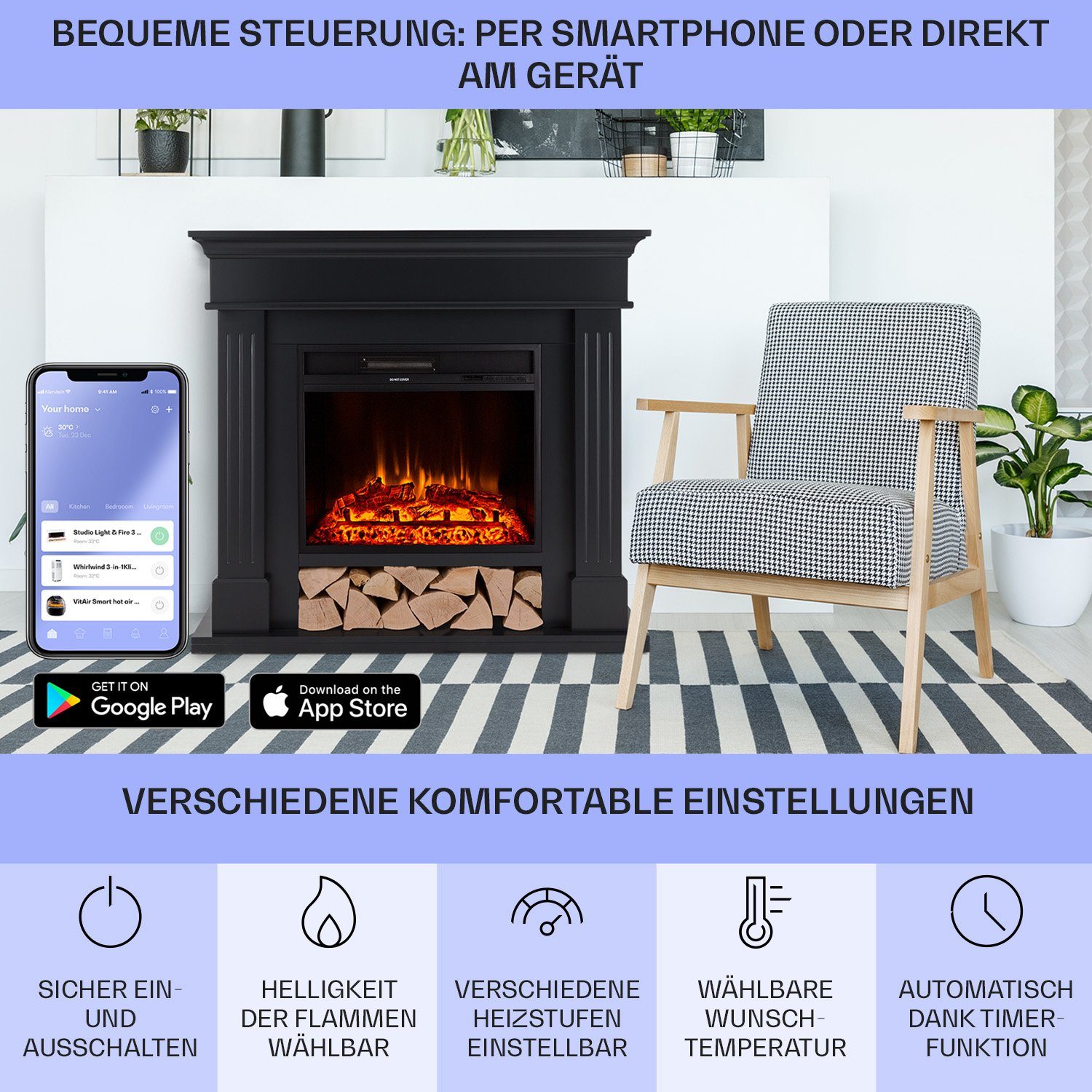 Klarstein Elektrokamin LasPilas Elektrokamin, elektrischer Kaminofen mit Heizung LED-Beleuchtung, Timer, Thermostat