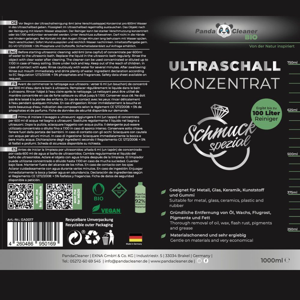 PandaCleaner Ultraschallreiniger - Schmuck-Reinigungsmittel - Für Ultraschallbad Reinigungskonzentrat (1-St. 1l)