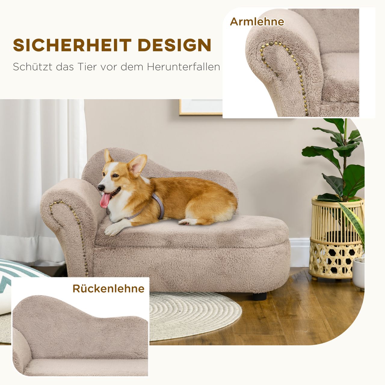 PawHut Hundesofa, Haustiersofa mit Stauraum, Hundebett in Samtoptik, Beige