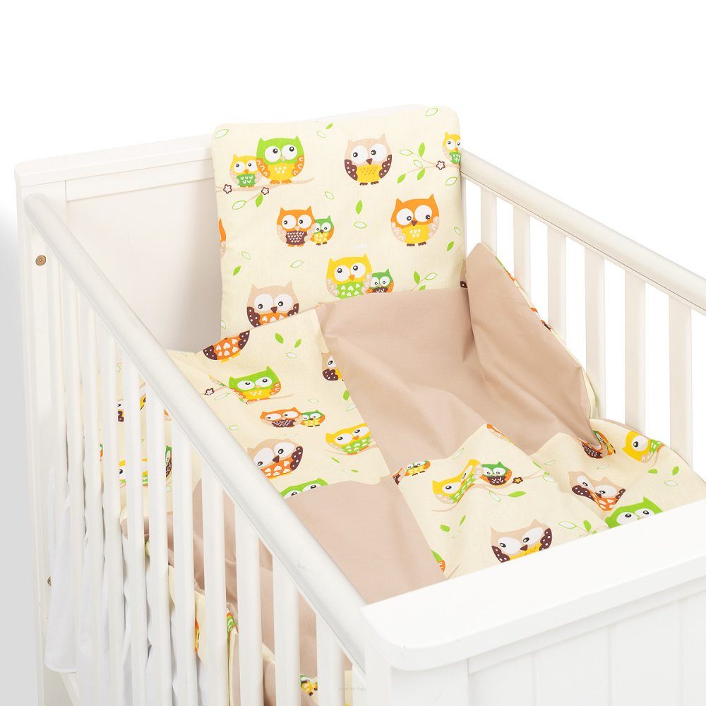 Kinderbettdecke + Kopfkissen, Set Babybettwäsche Kinderwagen Füllung - Ganzjährig-Eule-Beige-80x80, mamo-tato