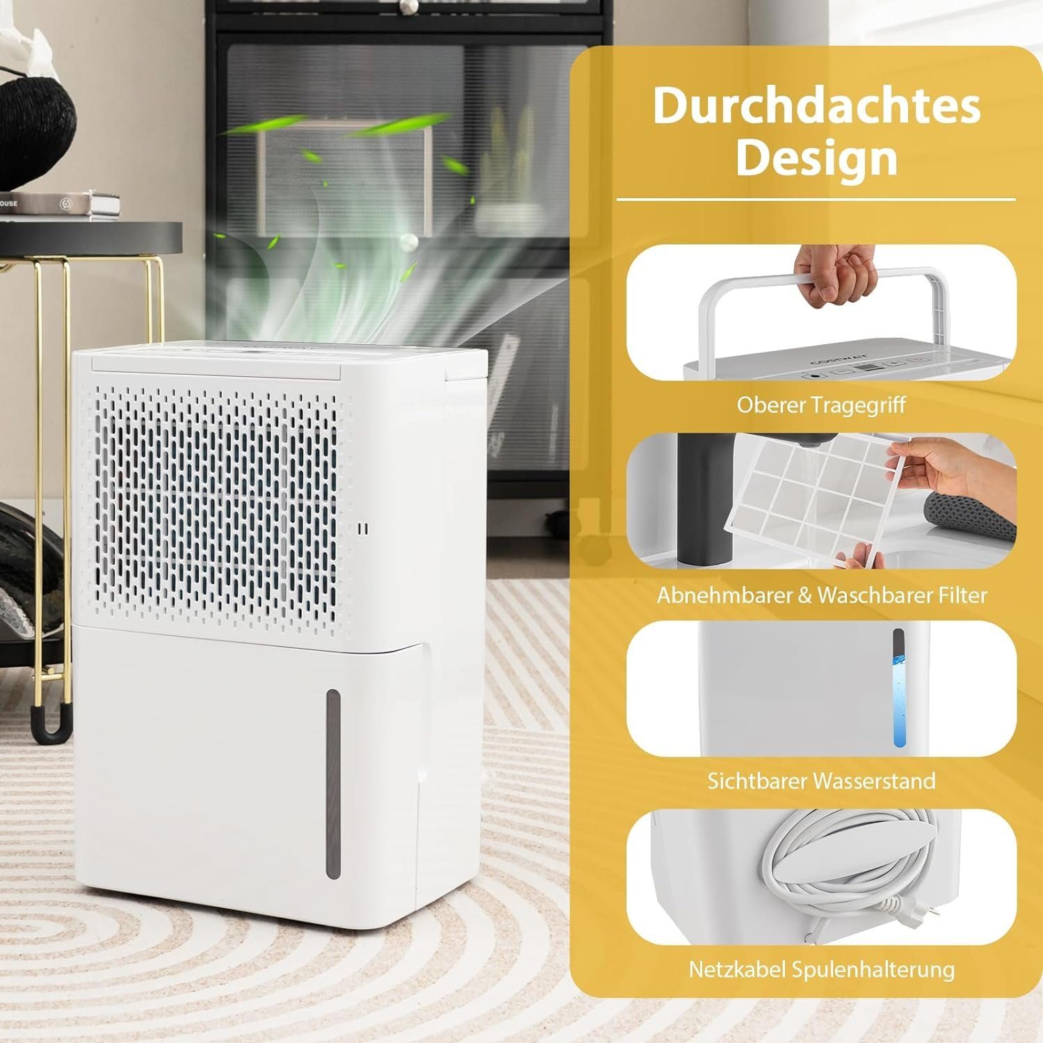 KOMFOTTEU Luftentfeuchter, Entfeuchtung 12,00 l/Tag, Tank 2,20 l, mit 3 Modus & 24-Stunden-Timer