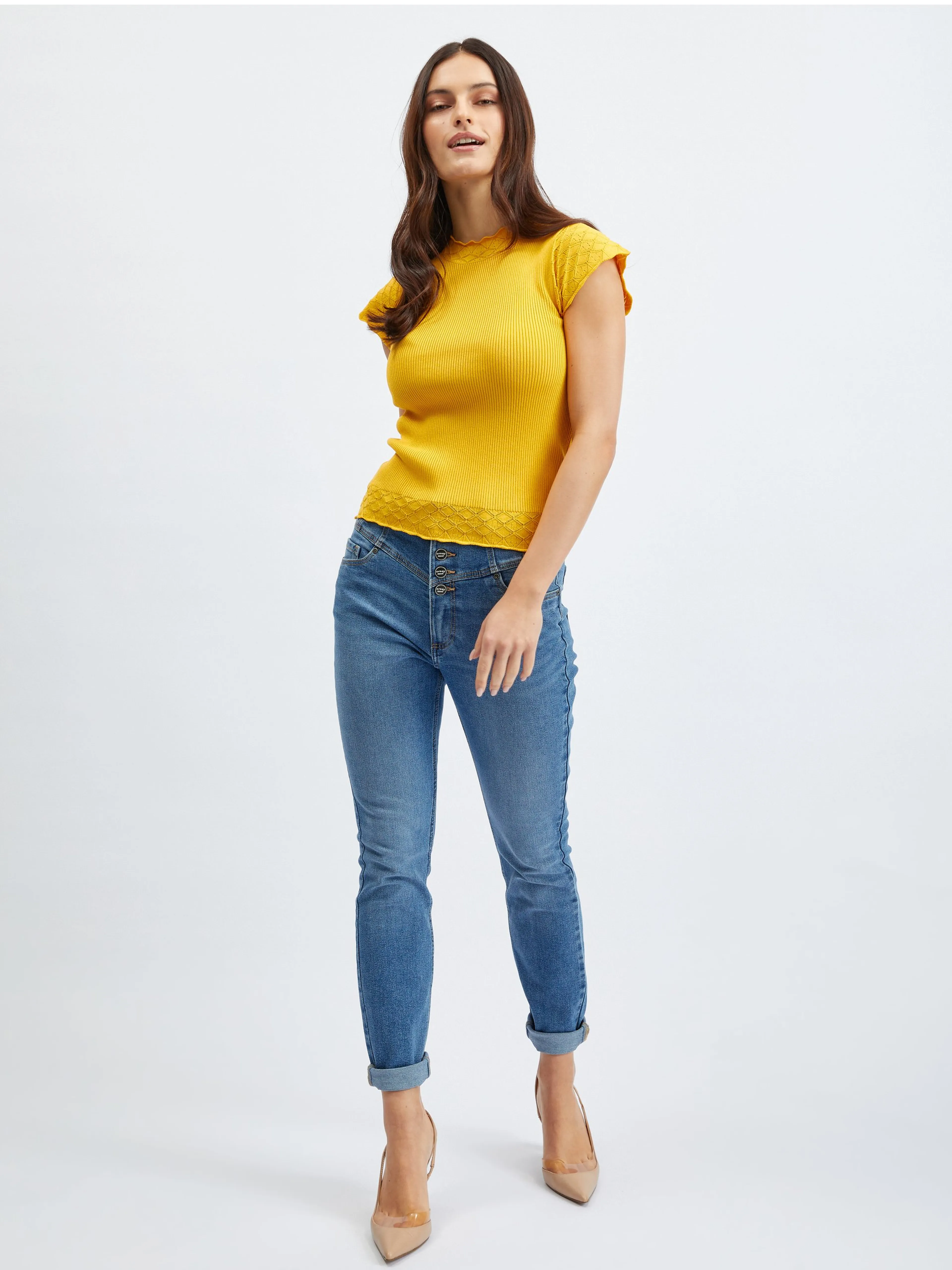 Gelbes Damen-T-Shirt mit Stehkragen ORSAY