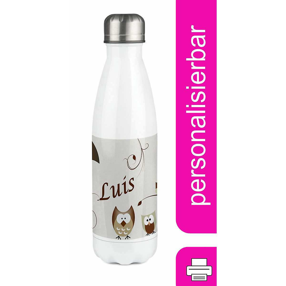 Edelstahl Kinder Thermoflasche / Trinkflasche bunt Eule Farbe beige Spülmaschinenfest, Auslaufsicher, Bruchfest, Doppelwandig, Für Heißgetränke geeignet, Mit Deckel, Isoliert