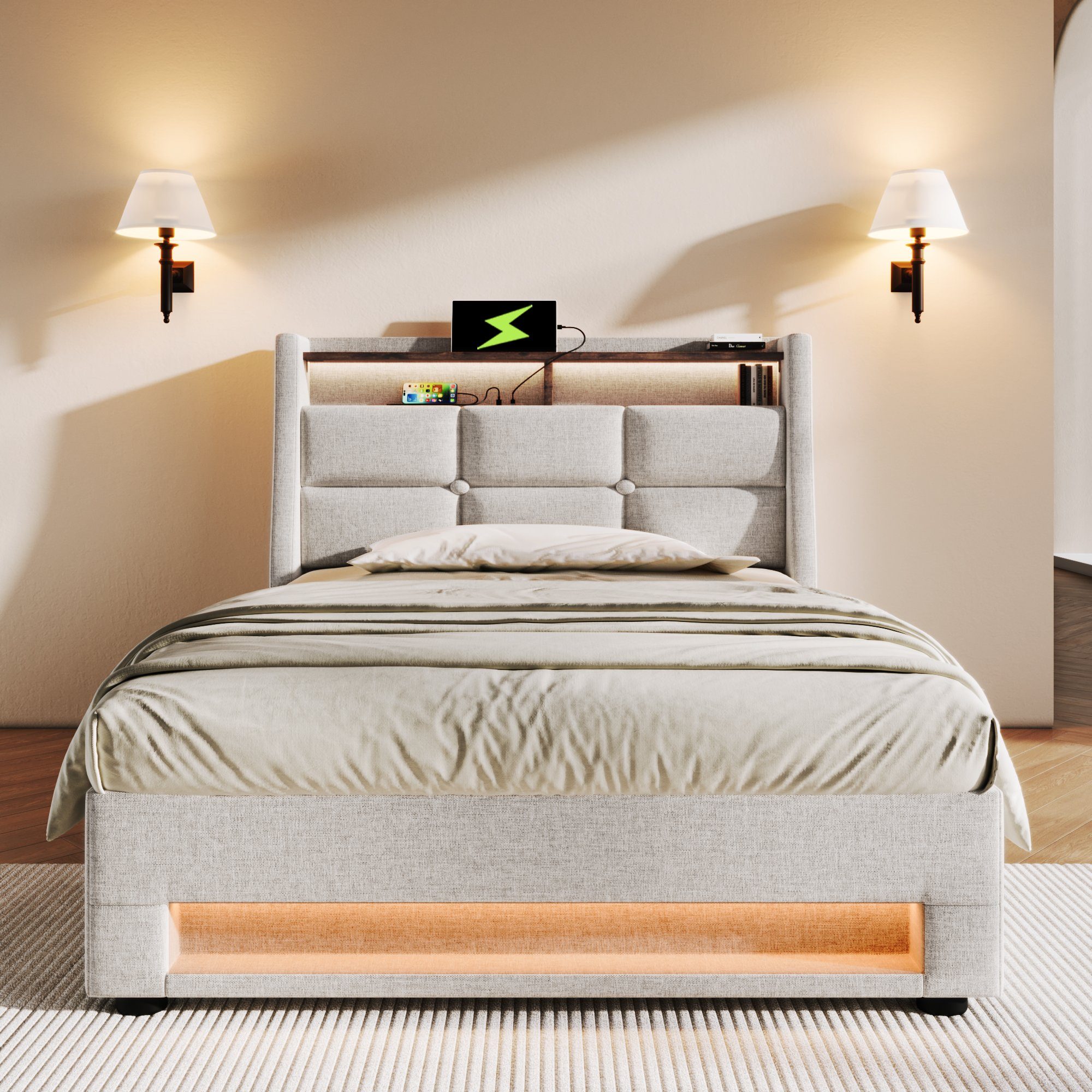 REDOM Polsterbett (LED Doppelbett Jugendbett mit USB Ladeanschluss, Jugendbett), 90x200cm, Ohne Matratze