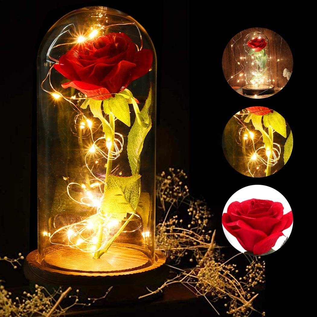 Kunstblume Ewige Rose im Glas mit Licht, AKKEE, Höhe 21.8 cm, Rosen Geschenke für Frauen für Valentinstag, Muttertag, Jahrestag
