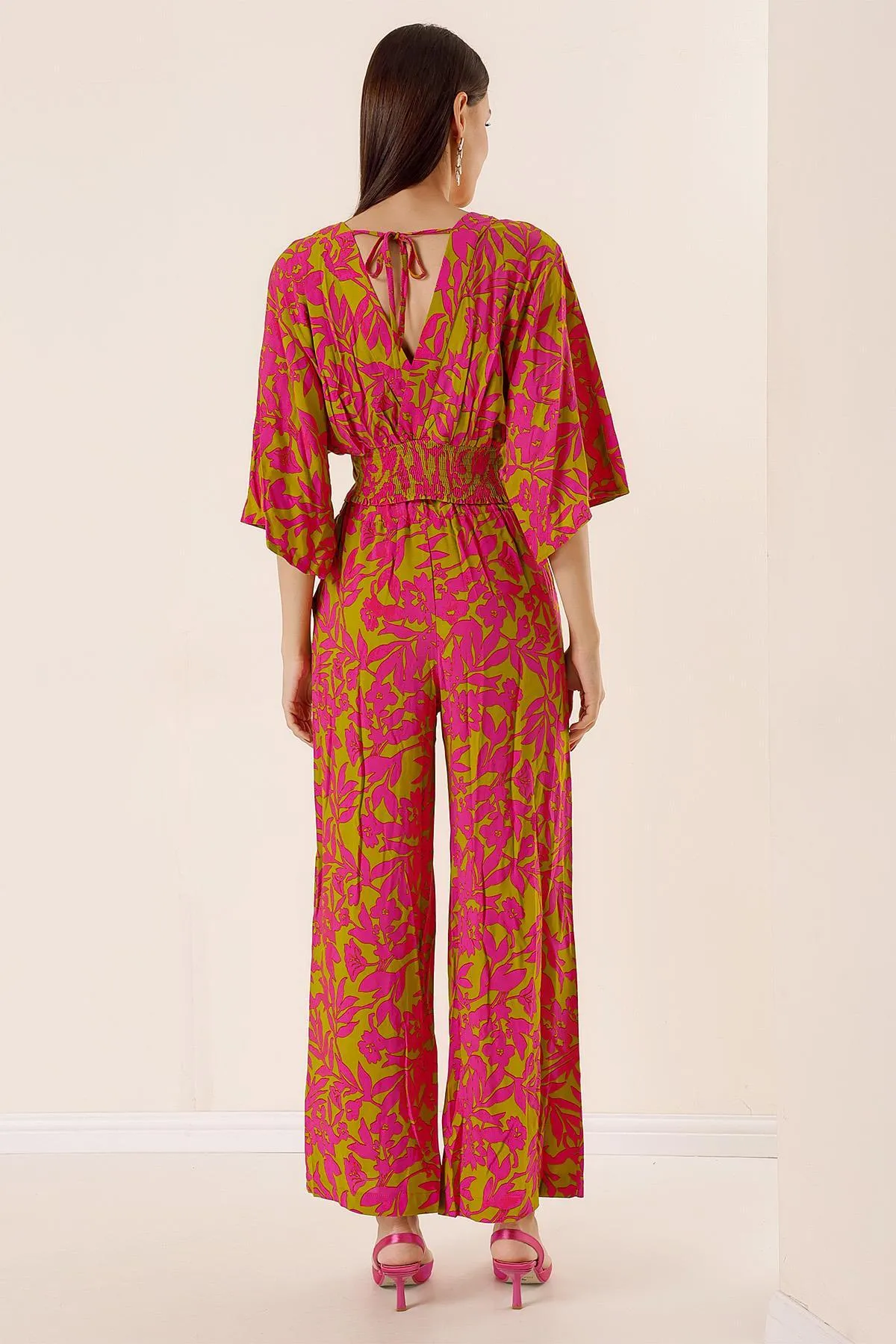 By Saygı  Vorne und hinten V-Ausschnitt, Fledermausärmel, Bluse, elastische Taille, Tasche, Palazzo-Hose, Blumenmuster, 2-teiliges Set