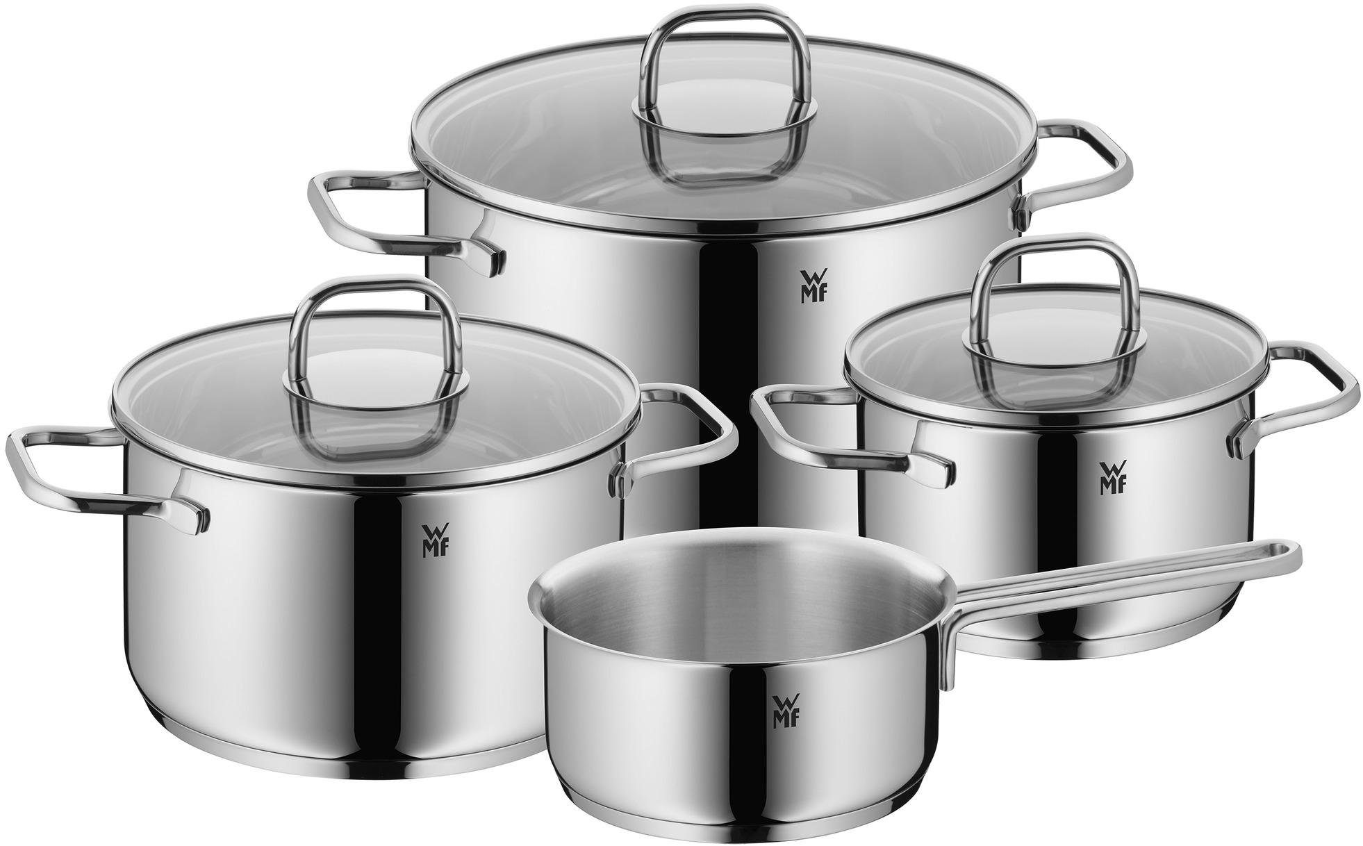 WMF Topf-Set Inspiration, Cromargan® Edelstahl Rostfrei 18/10 (Set, 7-tlg., je 1 Fleischtopf mit Deckel, Ø 16, 20, 24 cm; 1 Stieltopf, Ø 16 cm), energiesparende TransTherm®-Allherdböden, pflegeleicht und robust