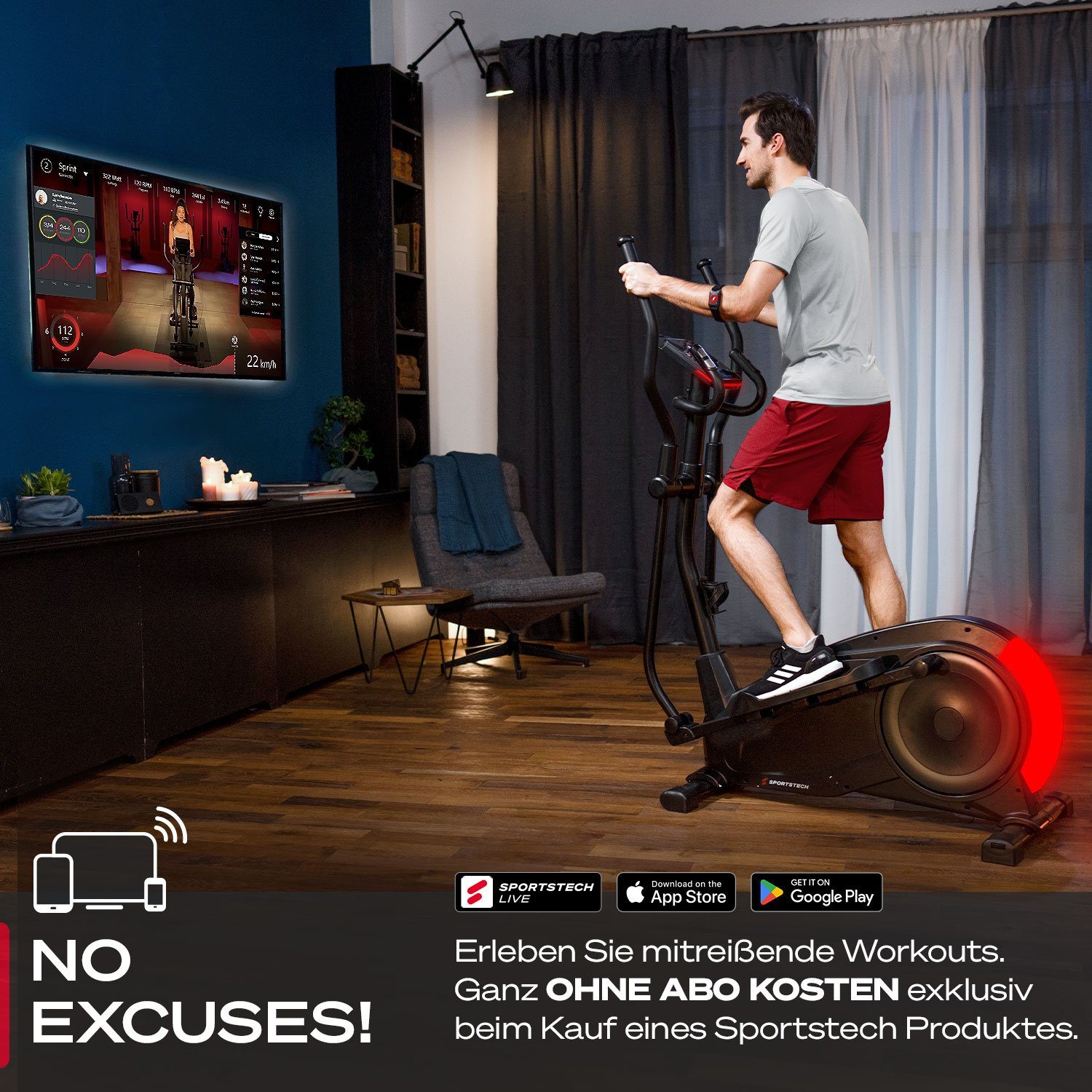 Sportstech Crosstrainer CX700, innovativer LED Technologie, Profigerät Crosstrainer für Zuhause
