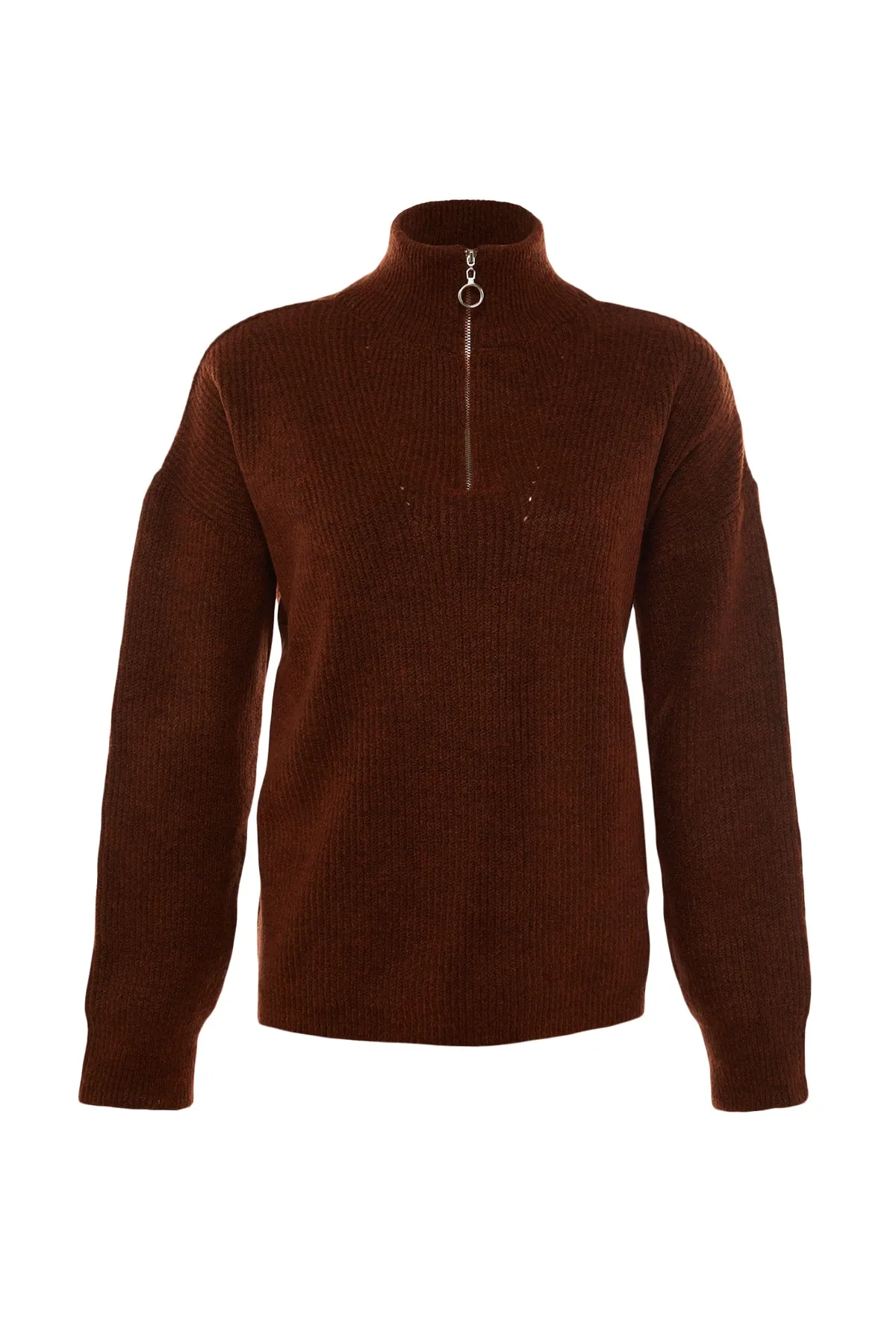 Trendyol Collection  Brauner Strickpullover mit weicher Struktur und Reißverschluss TWOAW20XS0009