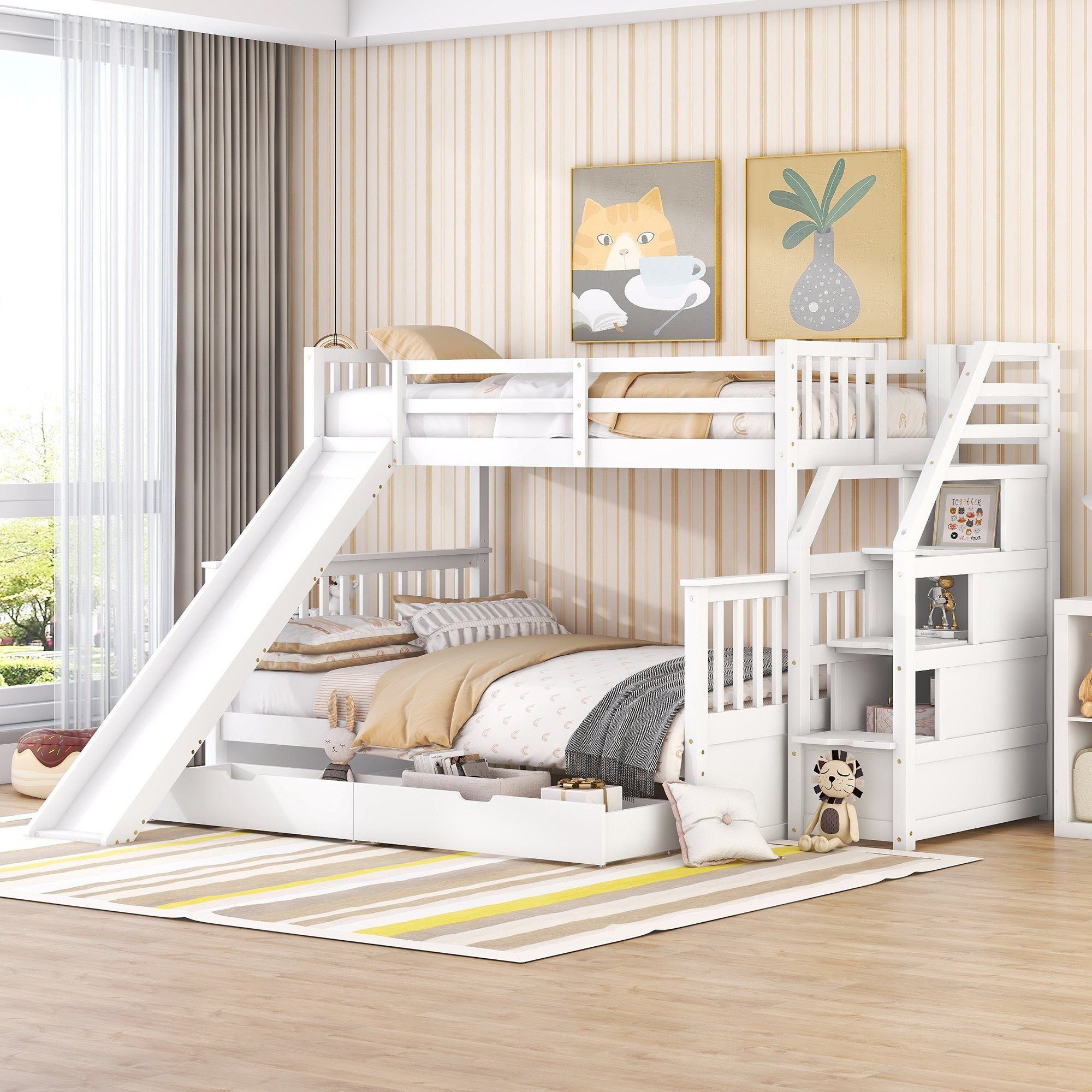 HAUSS SPLOE Kinderbett Etagenbett Holzbett Kinderbett Hochbett Bettrahmen Einzelbett (mit Schubladen, Stauraum und Rutsche, multifunktional, 90 x 200 über 140 x 200), Ohne Matratze