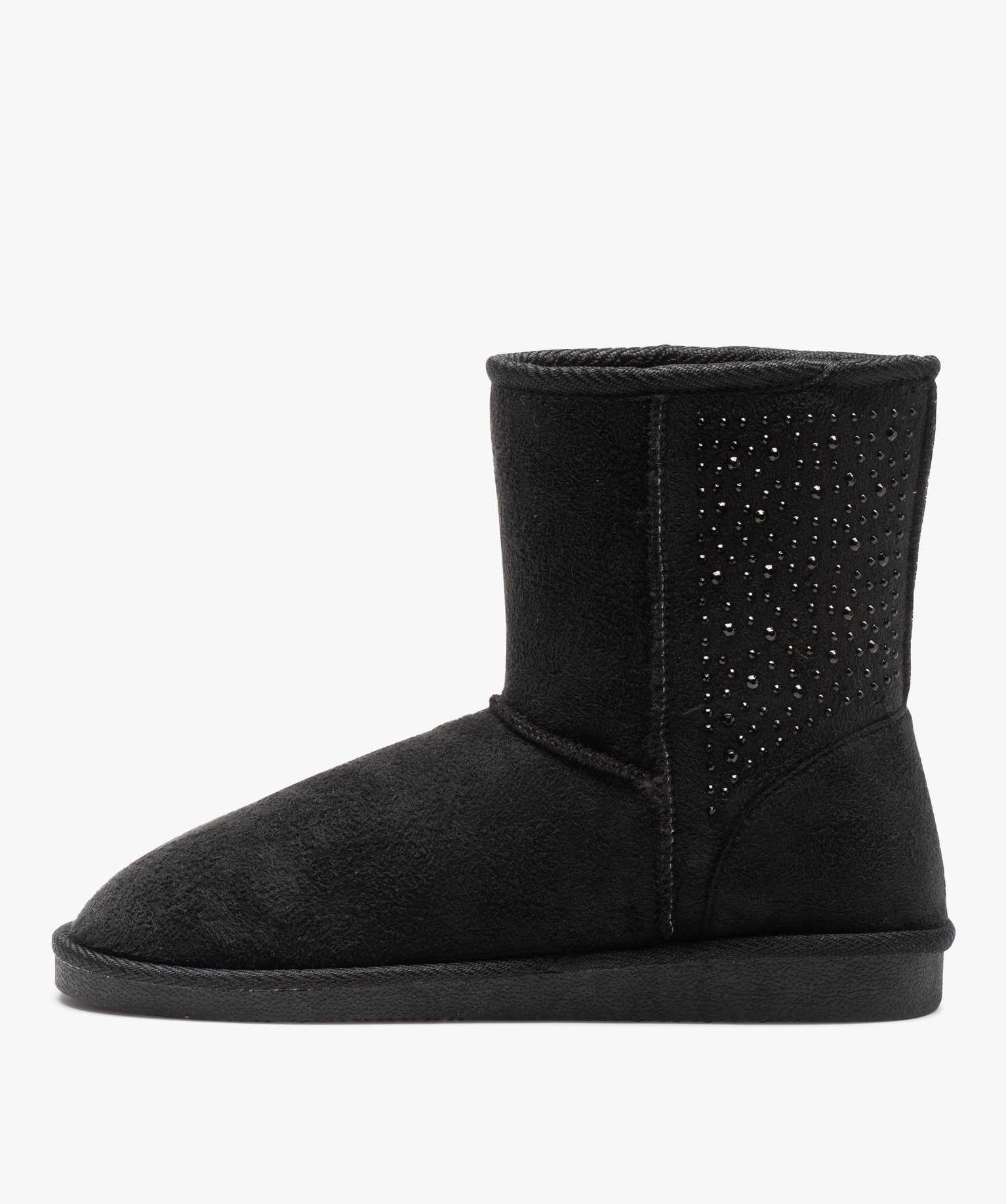 Boots fourrées femme à talon plat dessus suédine et strass noir | GEMO
