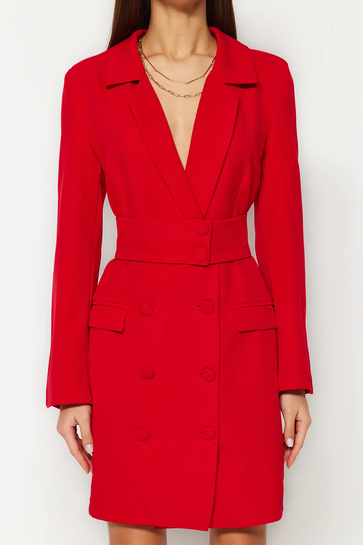 Trendyol Collection  Rote Jacke aus Webstoff mit Mini-Knopfdetail und Gürtel TWOAW24EL00497