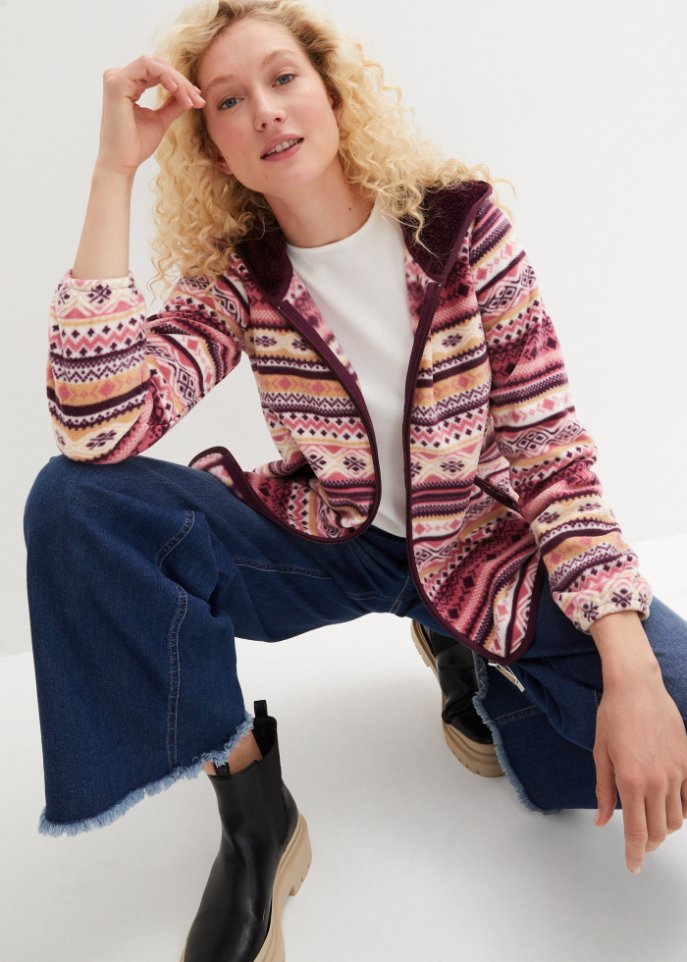 Kapuzen-Fleecejacke mit Norweger-Muster