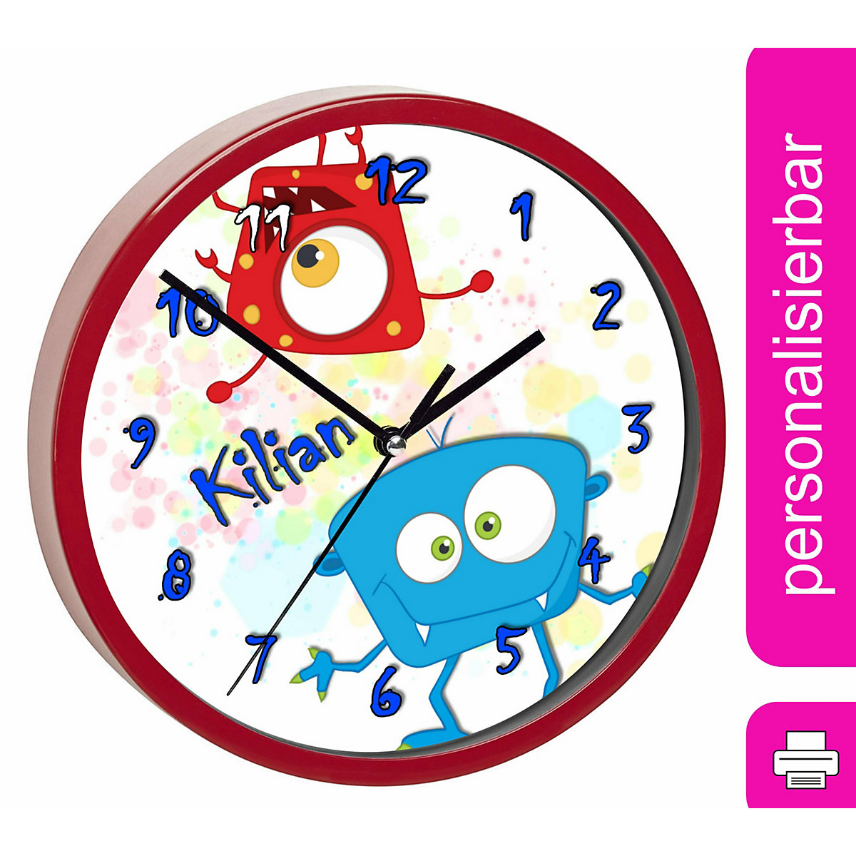 Kinder Wanduhr personalisiert mit Name Monster Farbkleks