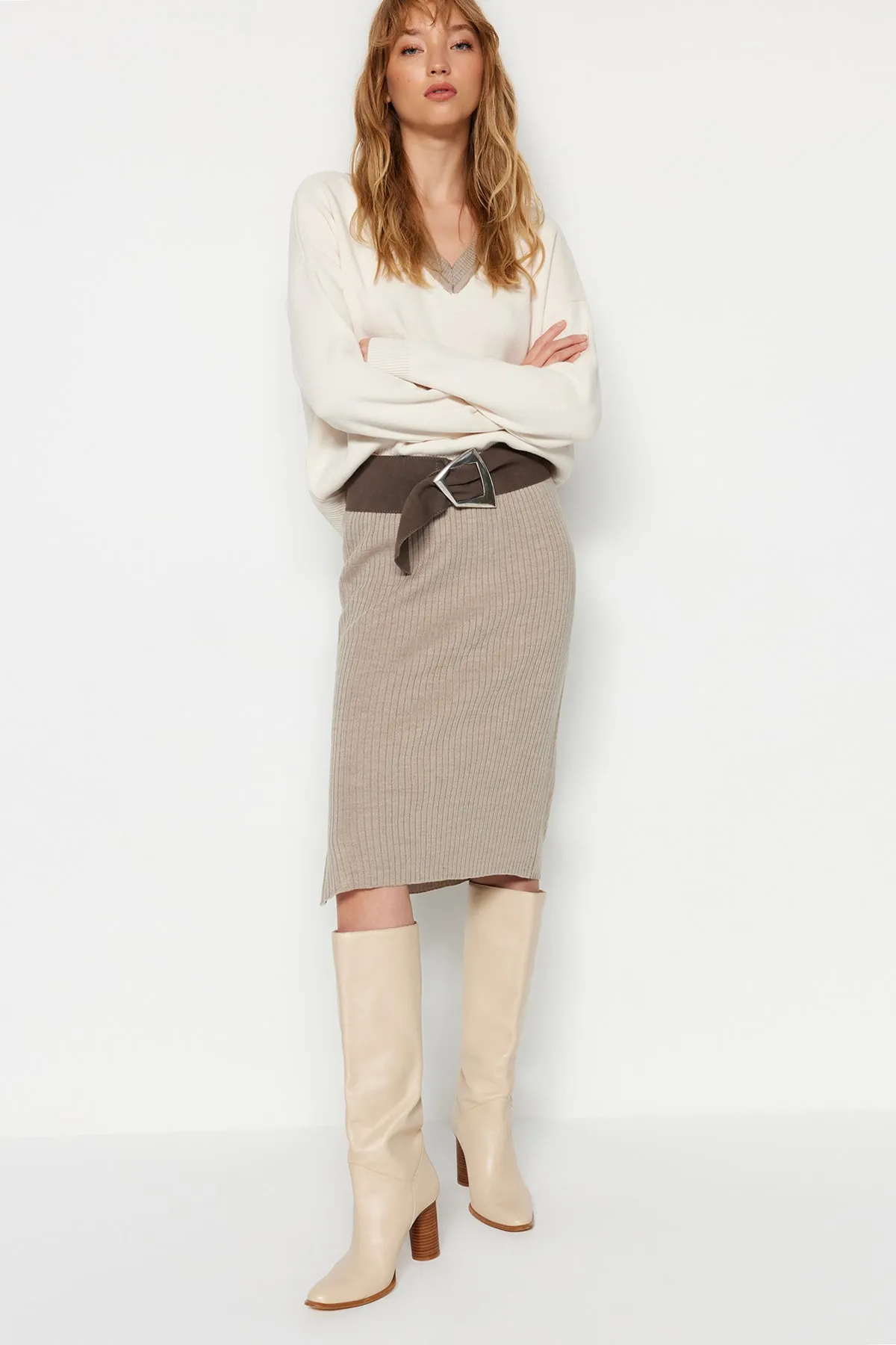 Trendyol Collection  Stone Wide Fit Strickoberteil und -unterteil-Set TWOAW24AU00011